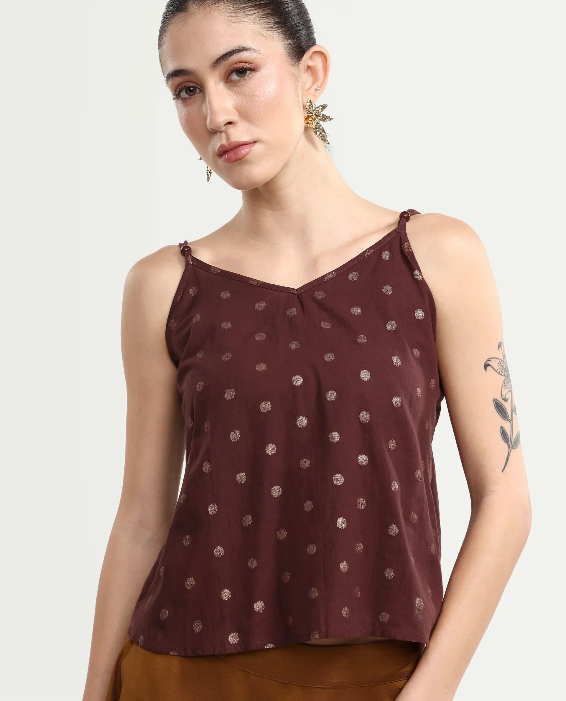 Rareism Women's Ronn Dusky Brown Cotton V-Neck Plain Sleeveless Relaxed Fit Top