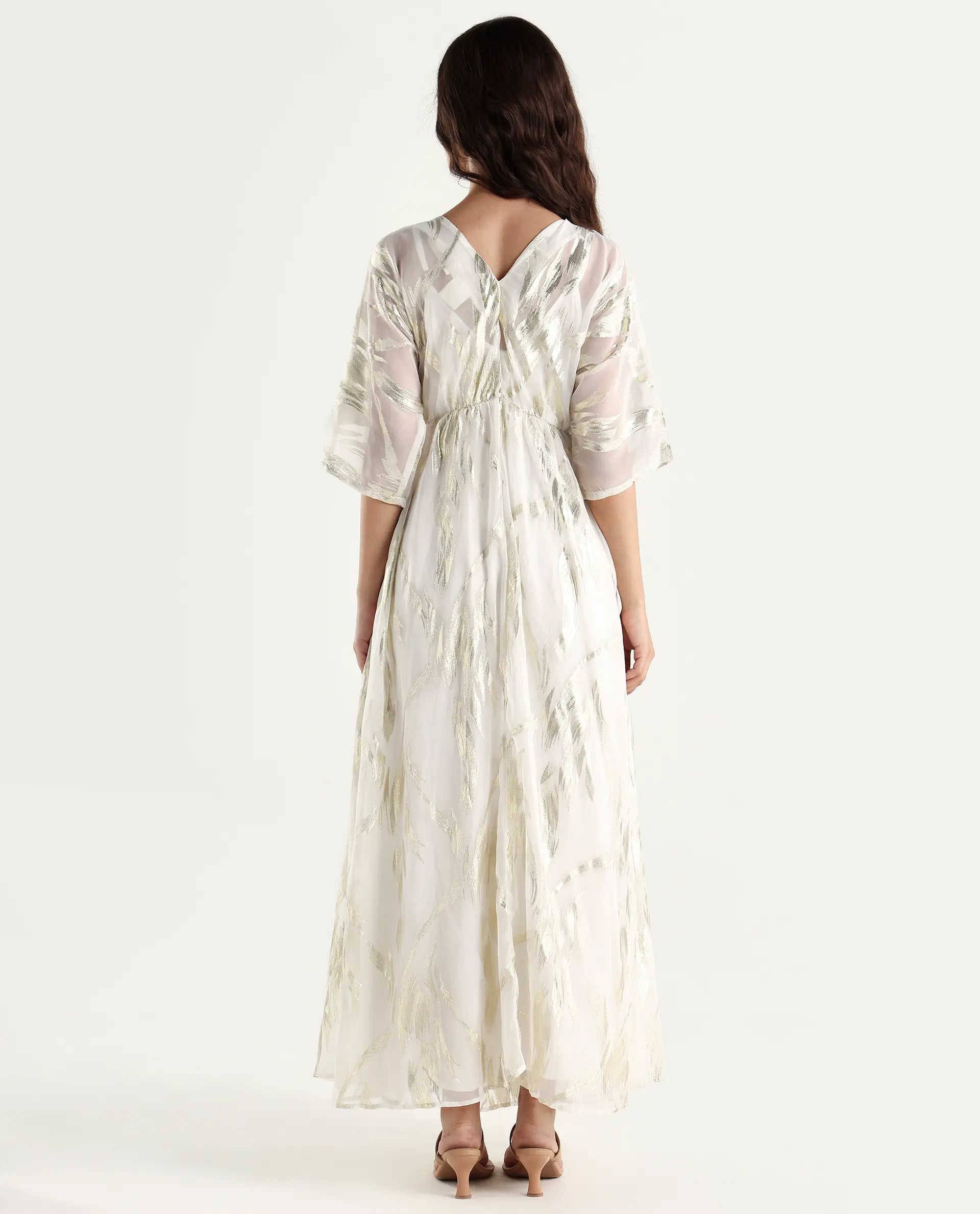 Rareism Women's Ronoli Off White Polyester V-Neck Textured Kimono Sleeve Maxi Flared Dress