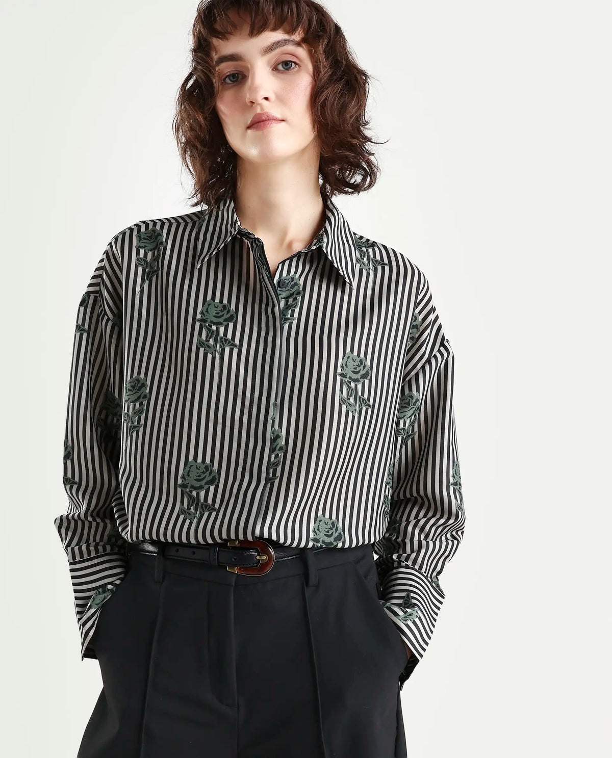 Rareism Women's Ronrayzo Dark Green Polyester Spread Collar Striped Cuffed Sleeve Regular Fit Shirt