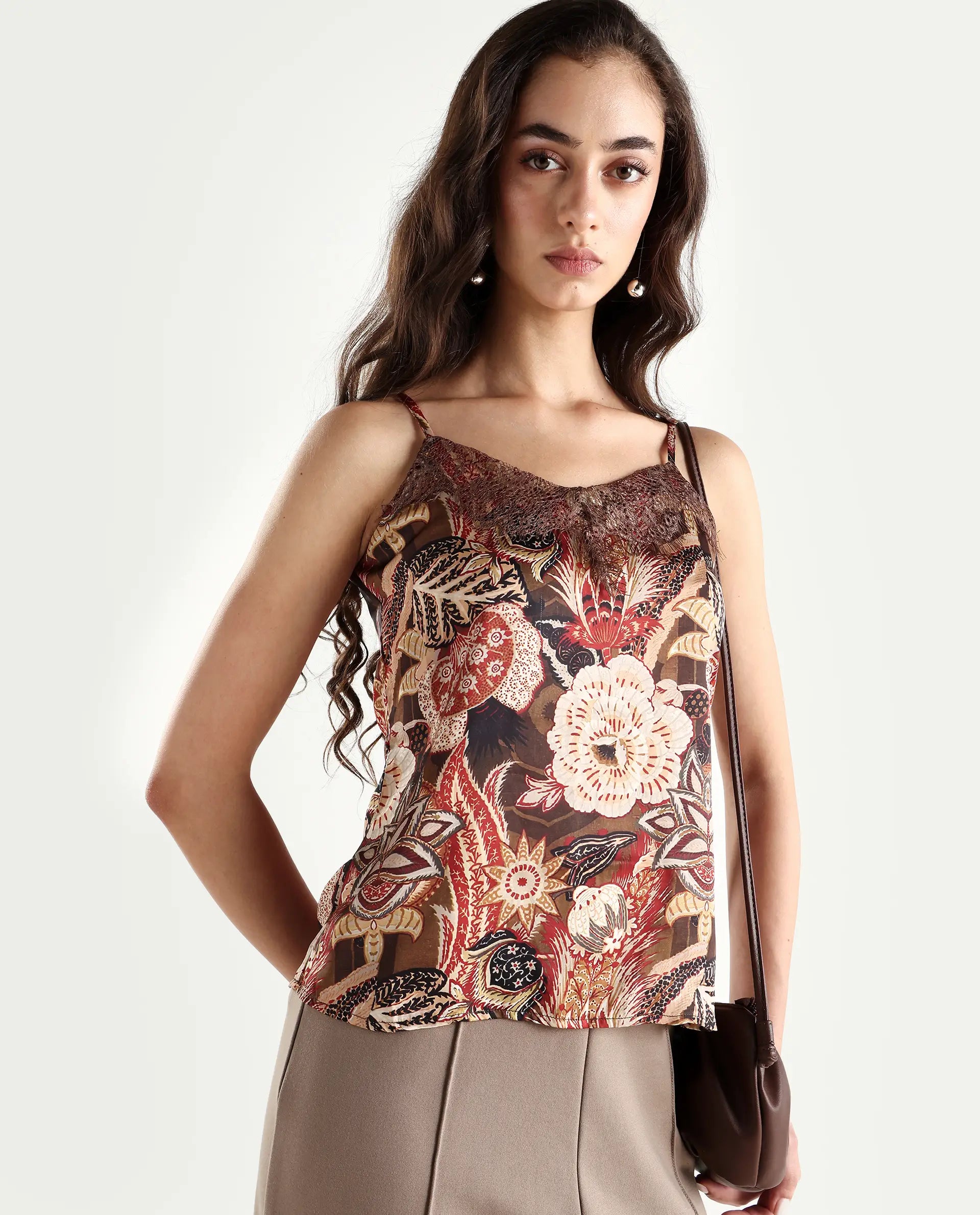 Rareism Women's Ronu Brown Polyester V-Neck Abstract Print Sleeveless Regular Fit Top