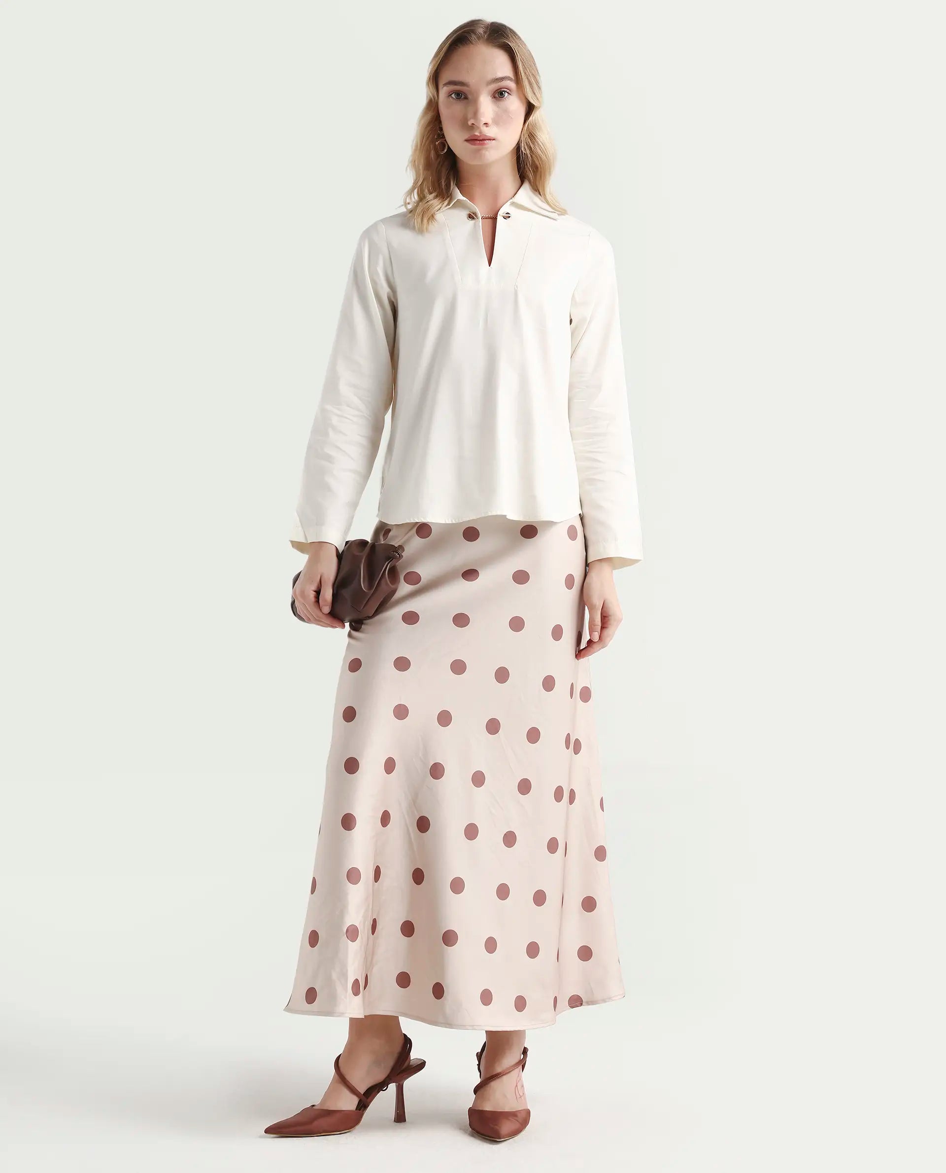 Rareism Women's Ronwok Off White Modal Spread Collar Plain Regular Fit Top