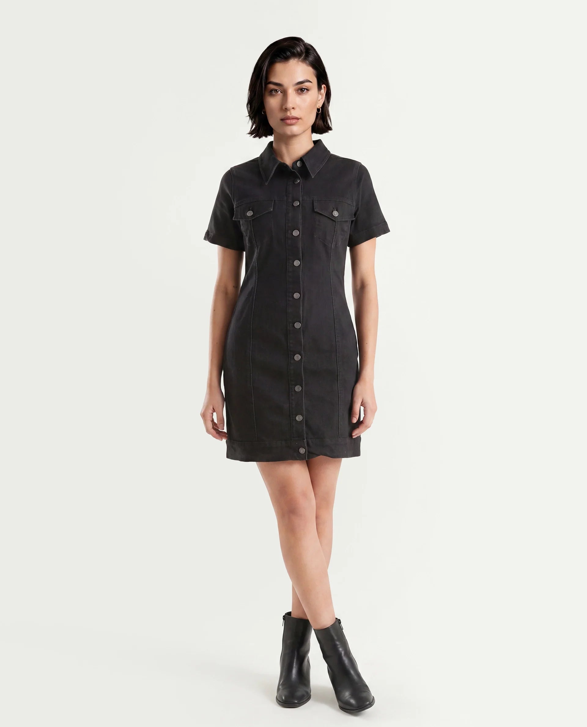 Rareism Women's Thio Black Cotton Blend Spread Collar Plain Knee Length Fitted Dress