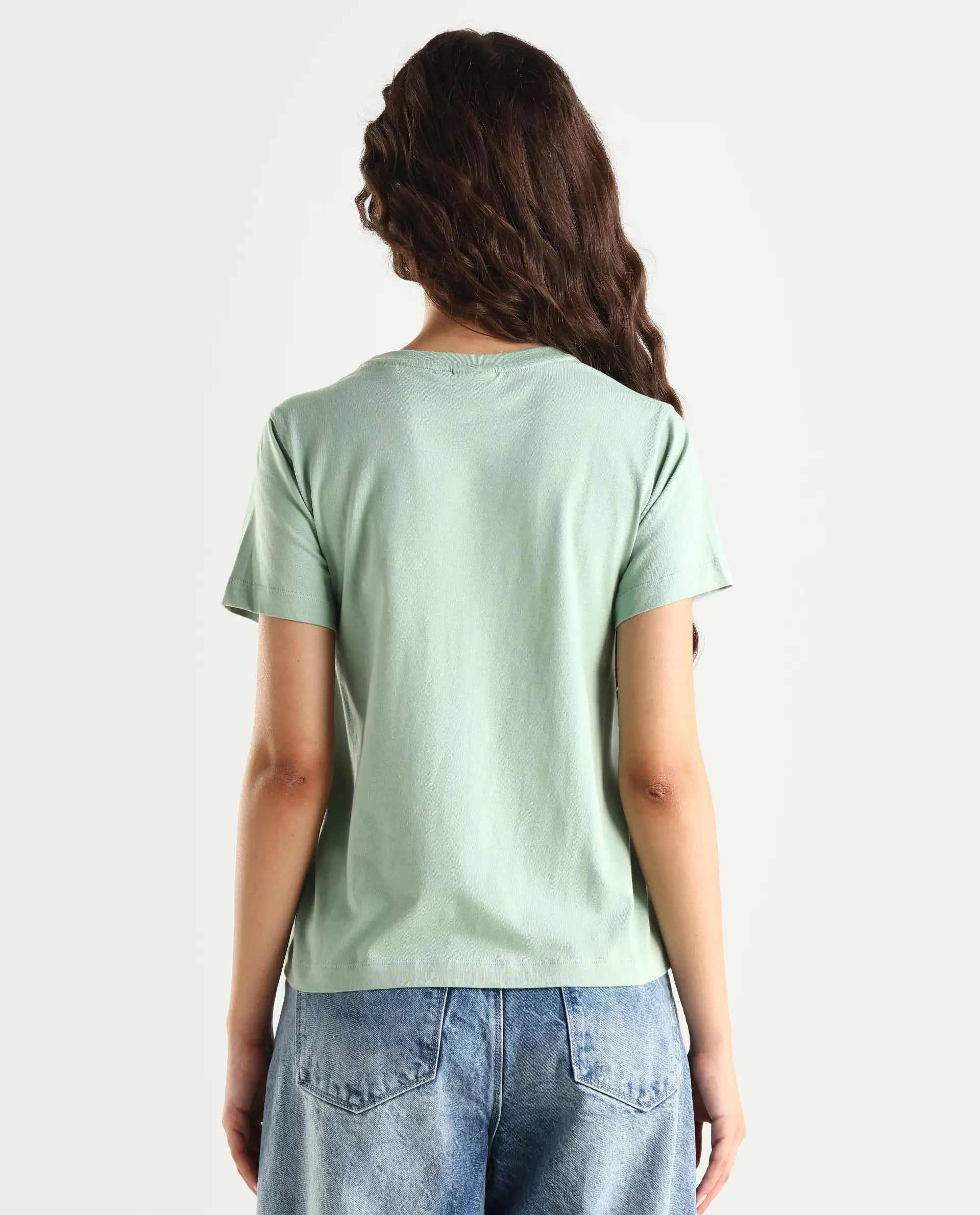 Rareism Women's Ronpel Light Green Cotton Round Neck Abstract Print Regular Fit T-Shirt