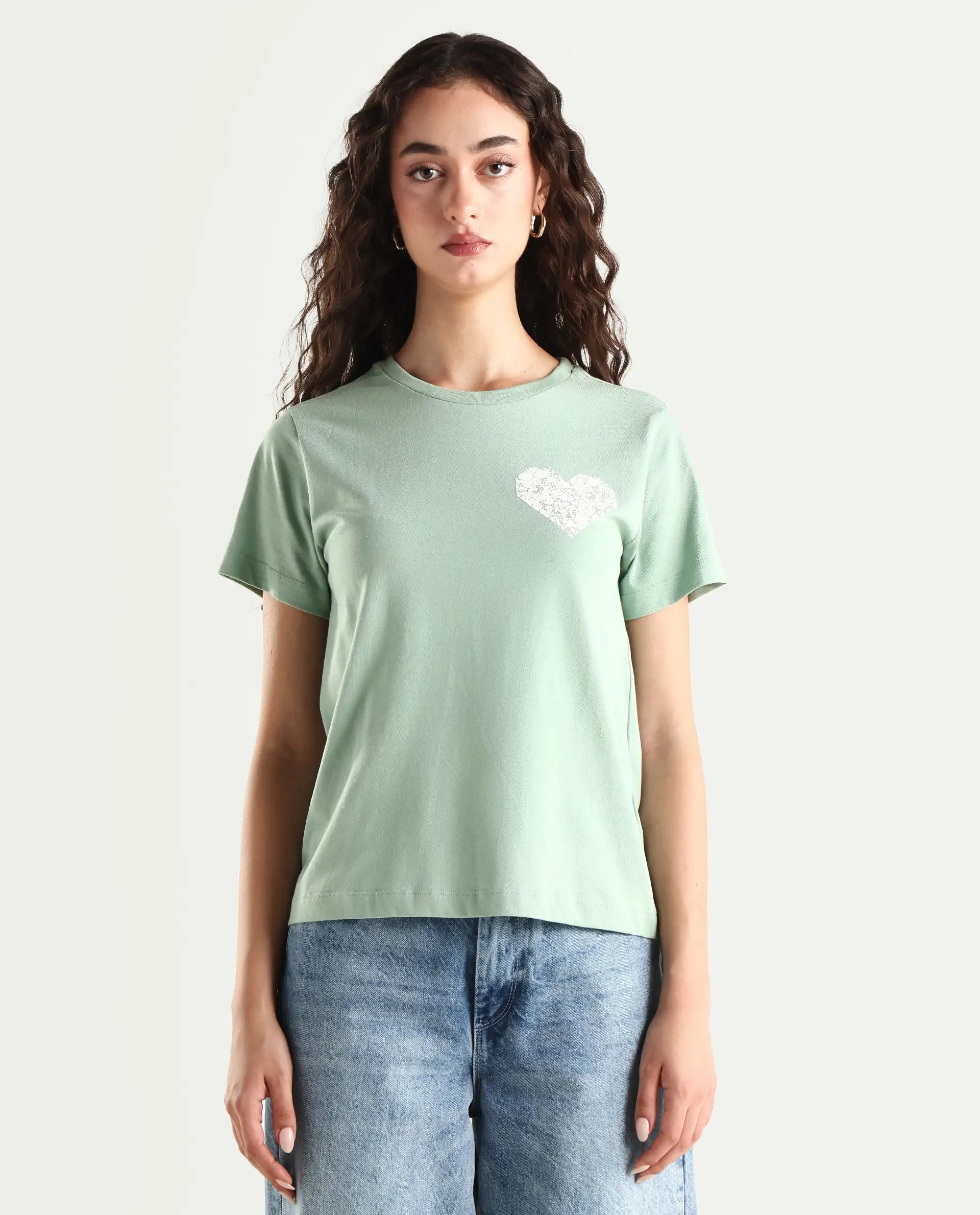 Rareism Women's Ronpel Light Green Cotton Round Neck Abstract Print Regular Fit T-Shirt
