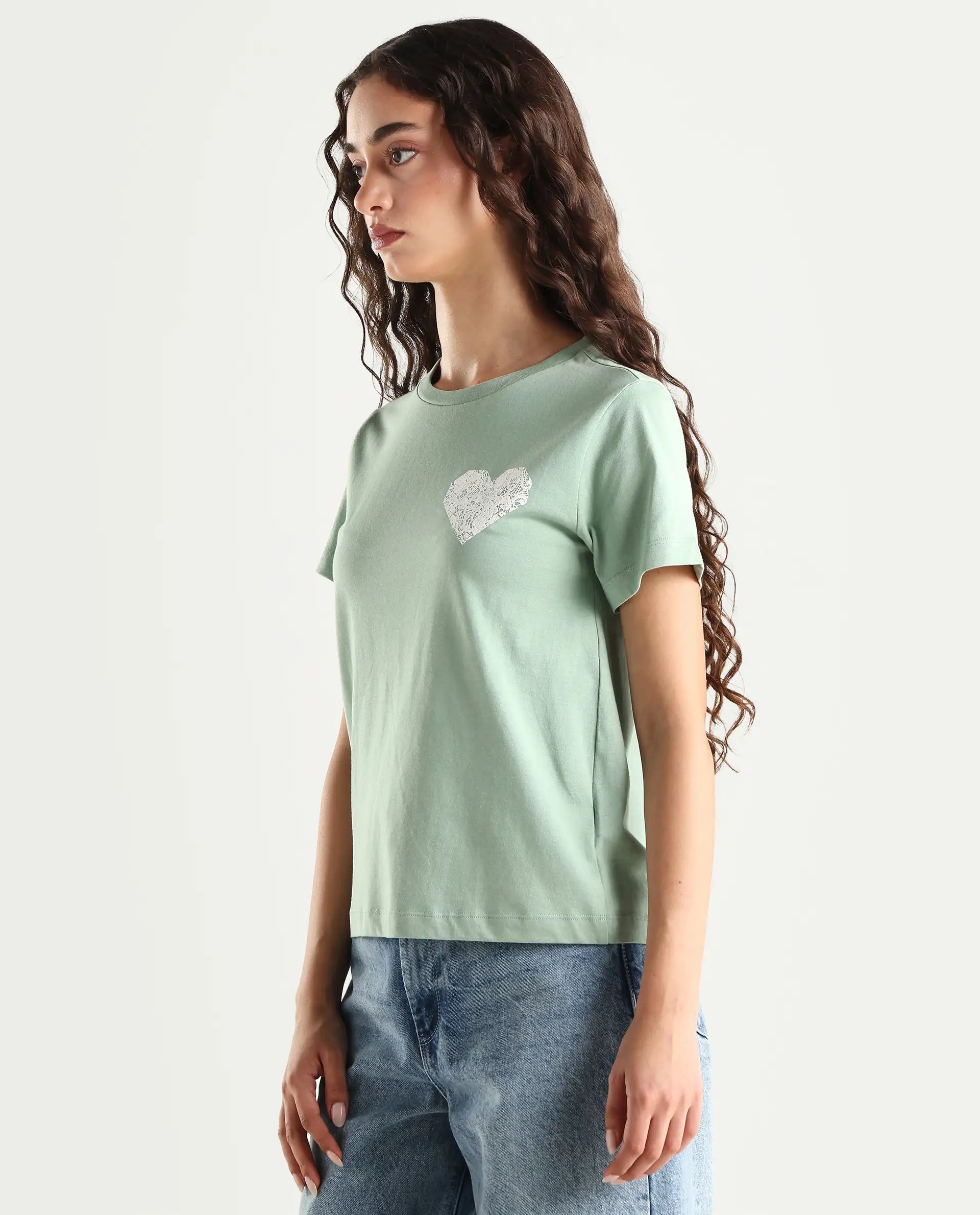 Rareism Women's Ronpel Light Green Cotton Round Neck Abstract Print Regular Fit T-Shirt