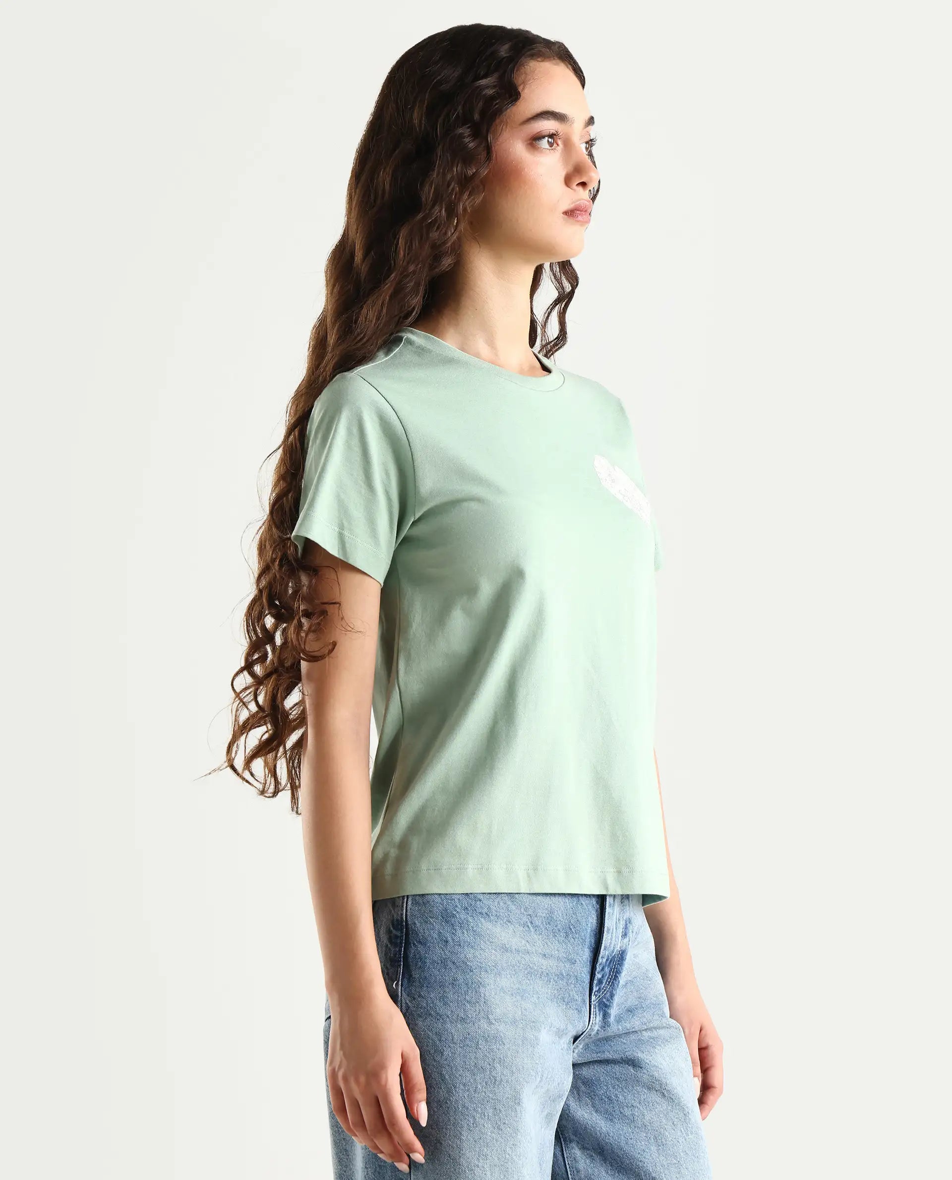 Rareism Women's Ronpel Light Green Cotton Round Neck Abstract Print Regular Fit T-Shirt