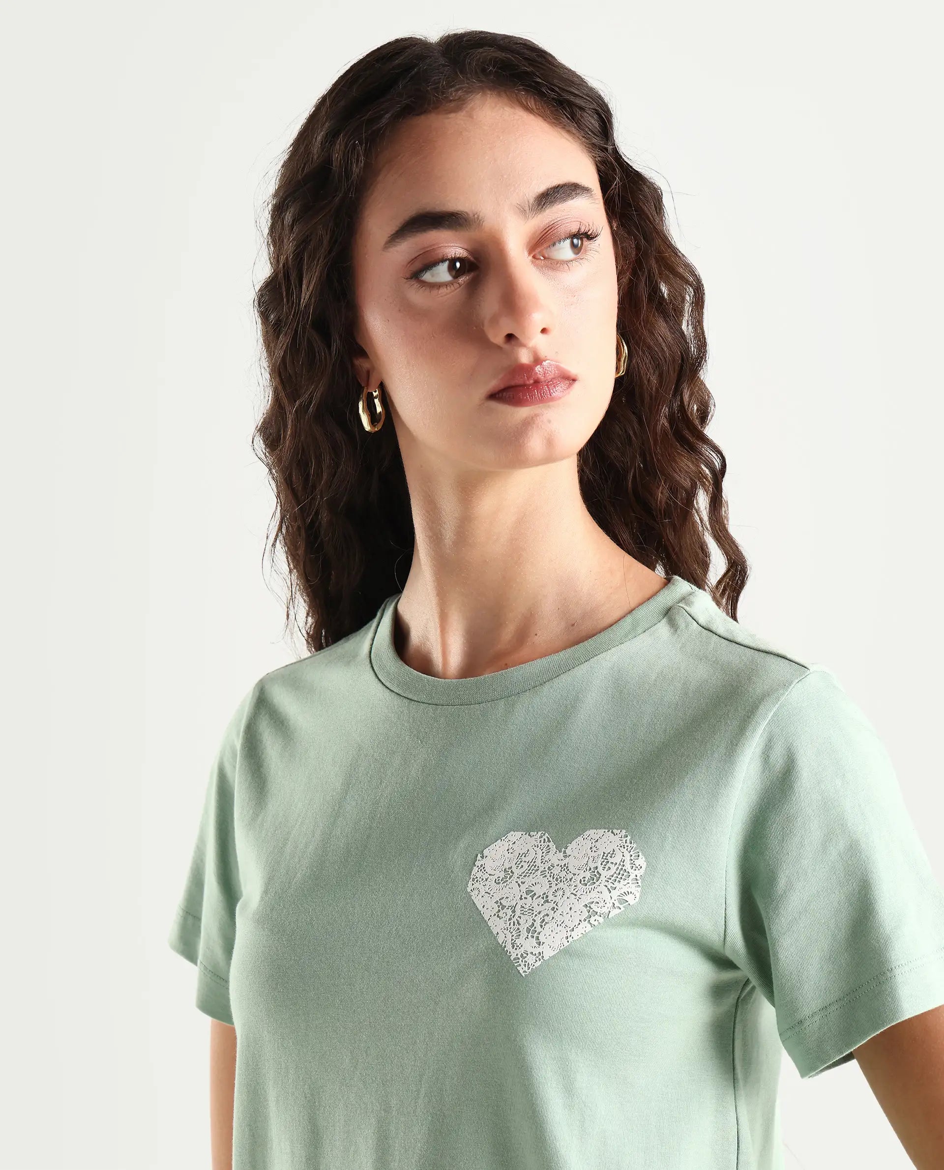 Rareism Women's Ronpel Light Green Cotton Round Neck Abstract Print Regular Fit T-Shirt