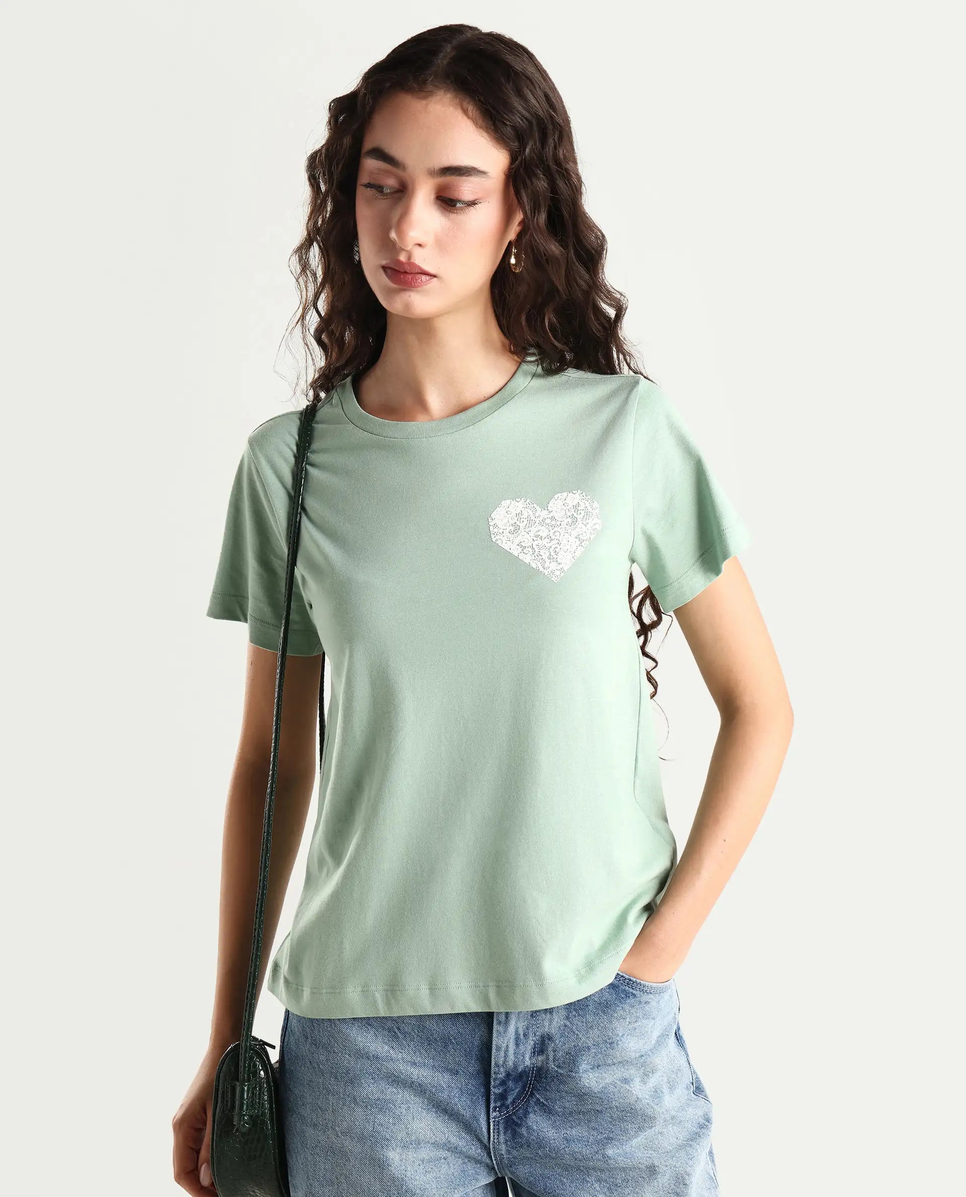 Rareism Women's Ronpel Light Green Cotton Round Neck Abstract Print Regular Fit T-Shirt