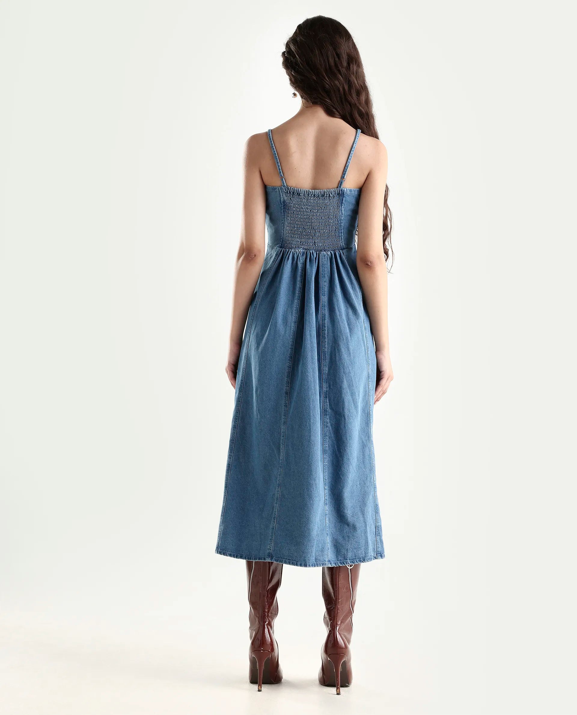 Rareism Women's Trevo Blue Cotton Tube Neck Plain Sleeveless Midi Fit And Flare Dress