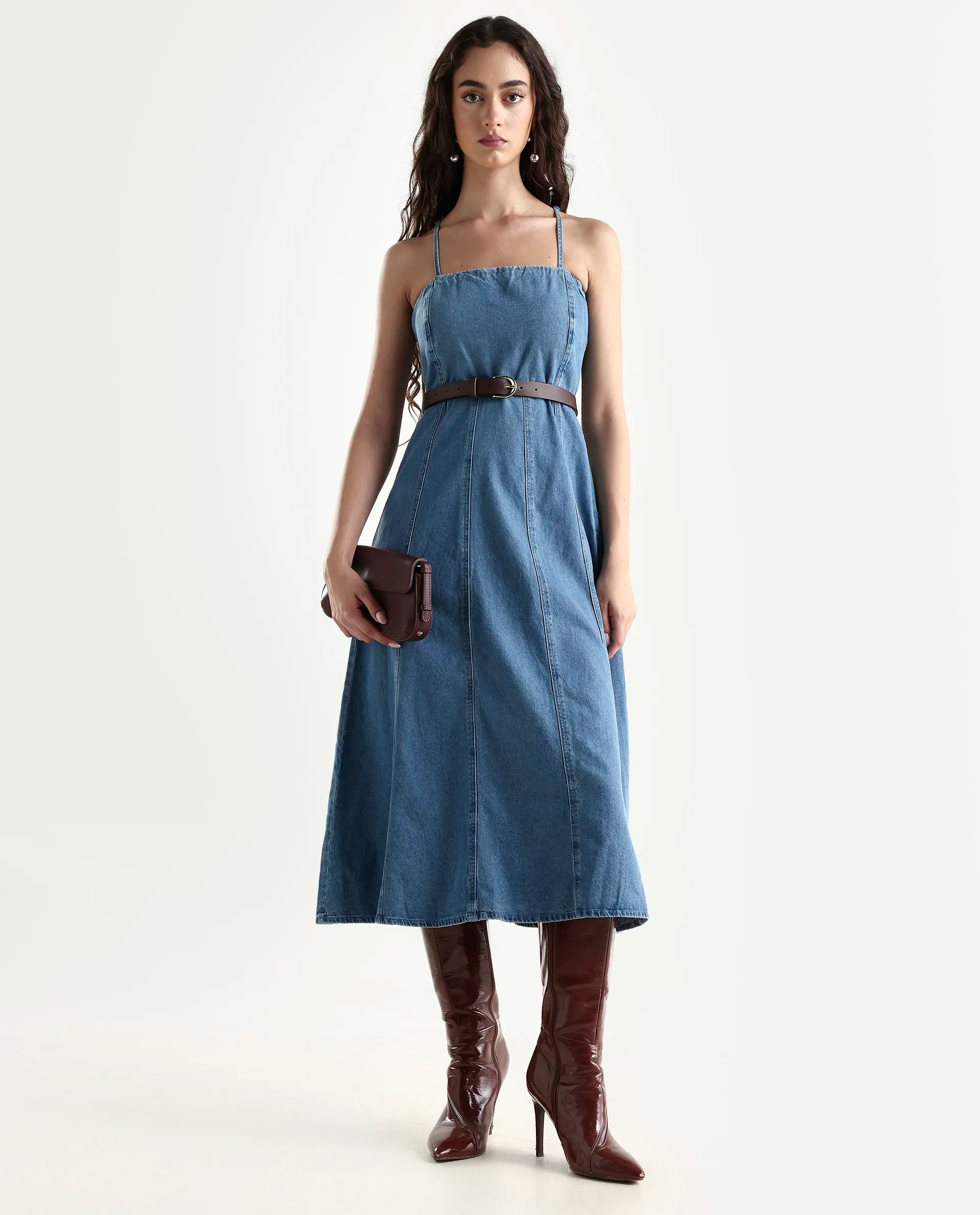 Rareism Women's Trevo Blue Cotton Tube Neck Plain Sleeveless Midi Fit And Flare Dress