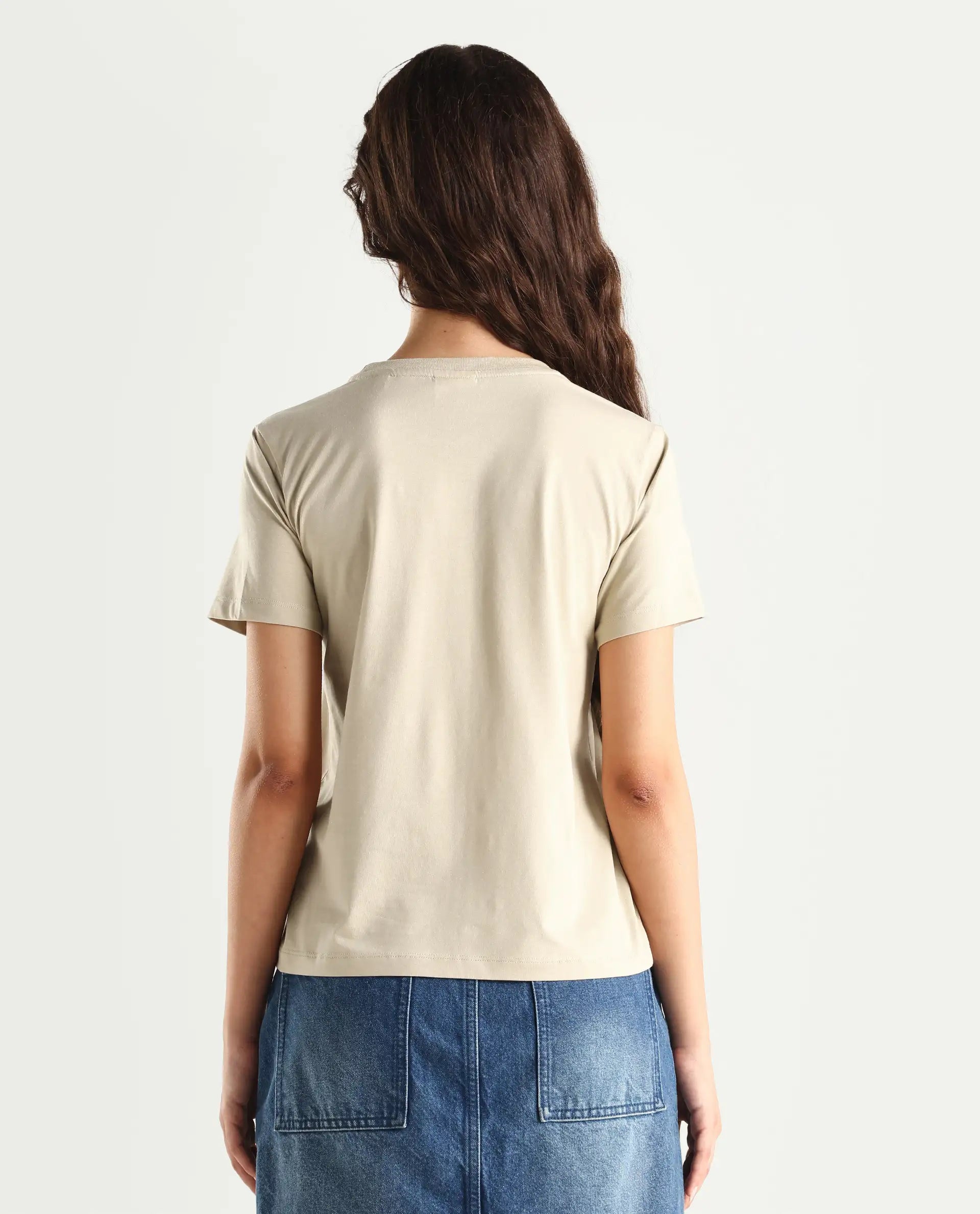 Rareism Women's Sompek Beige Cotton Blend Crew Neck Graphic Print Regular Fit T-Shirt