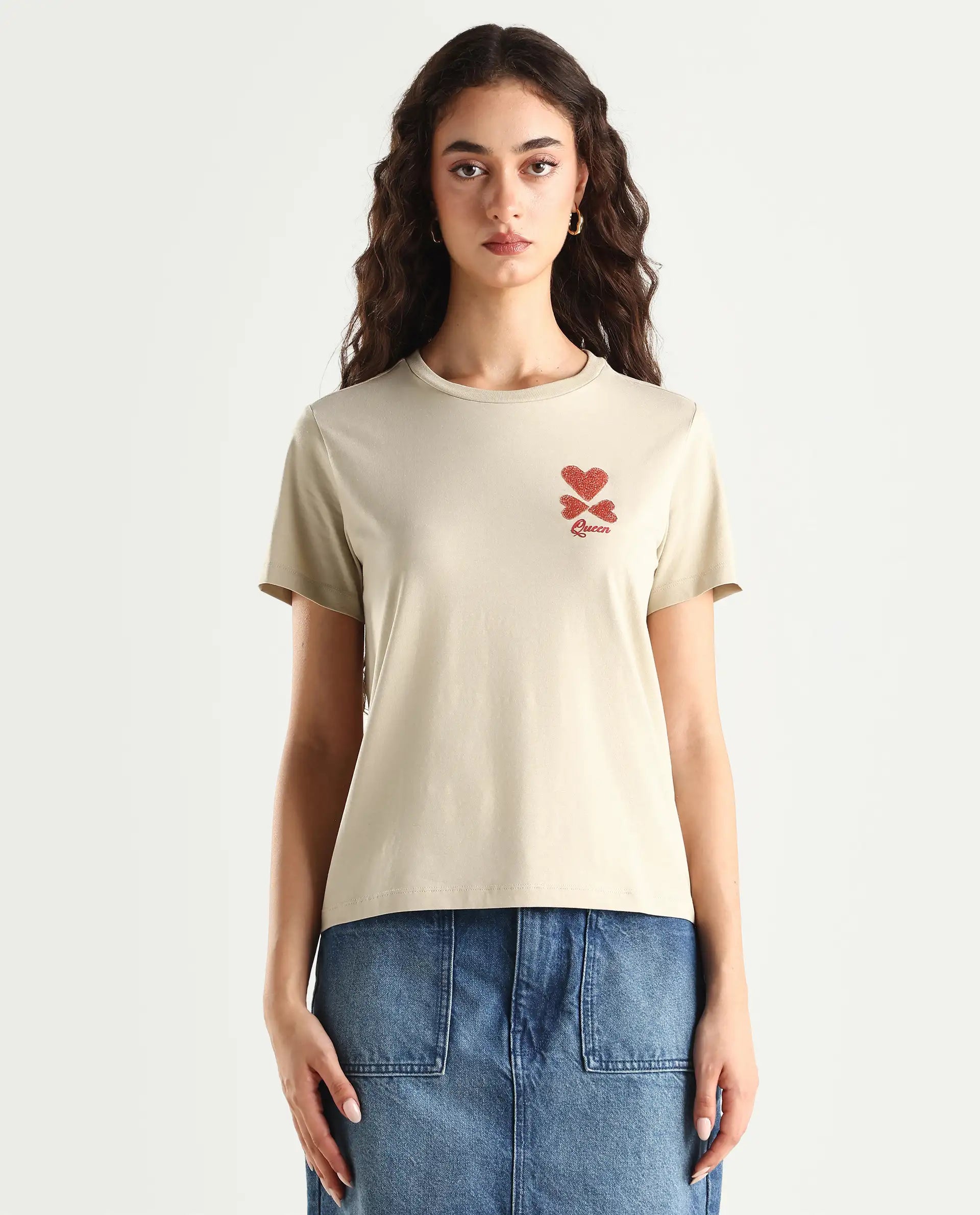 Rareism Women's Sompek Beige Cotton Blend Crew Neck Graphic Print Regular Fit T-Shirt