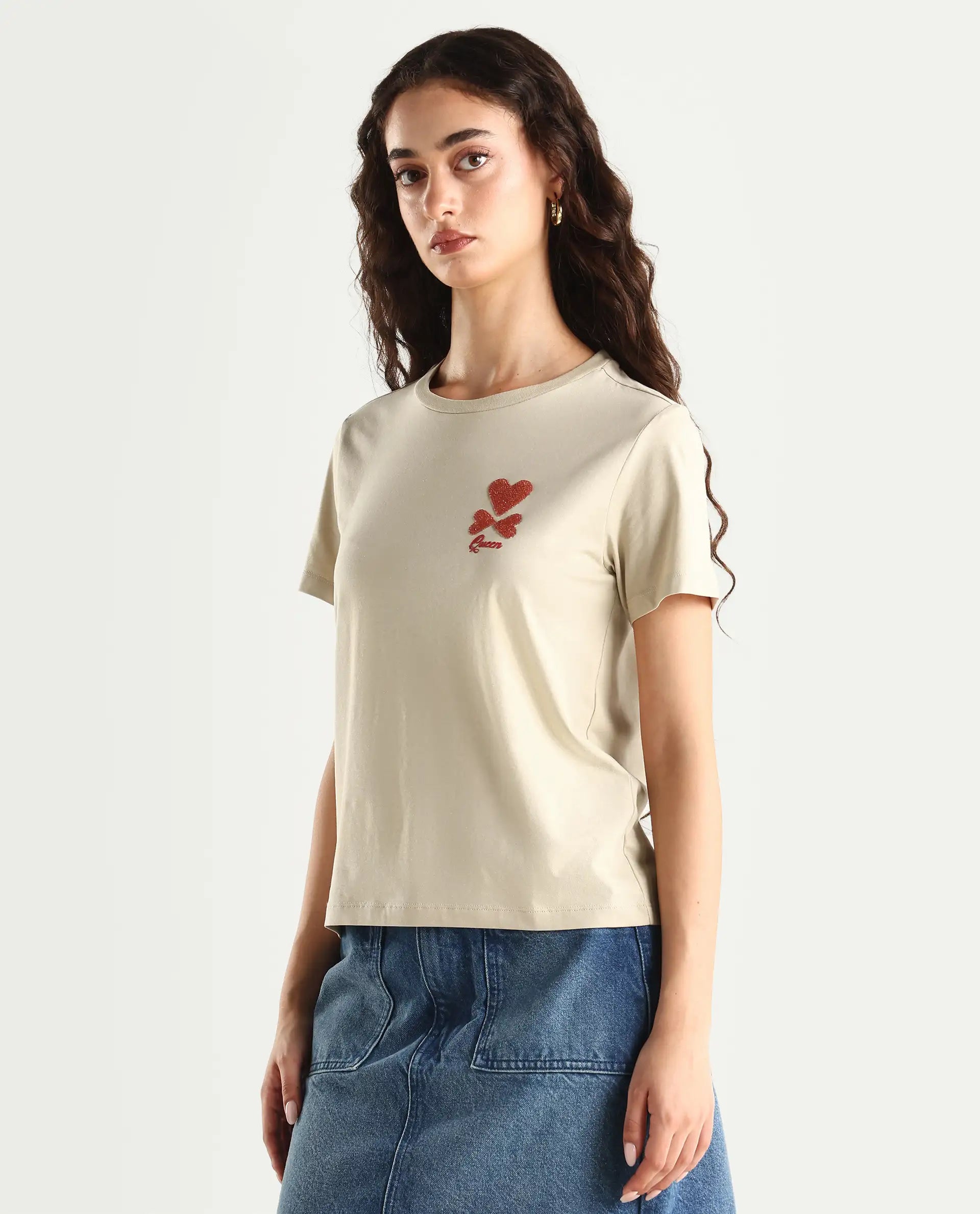 Rareism Women's Sompek Beige Cotton Blend Crew Neck Graphic Print Regular Fit T-Shirt