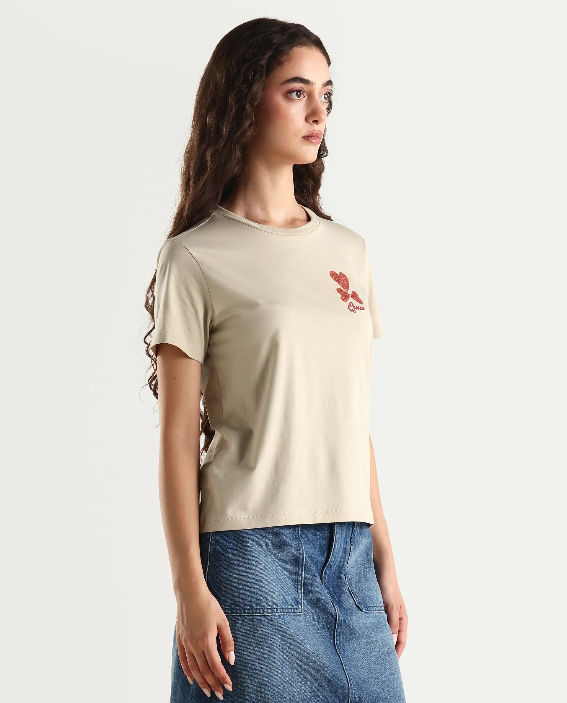 Rareism Women's Sompek Beige Cotton Blend Crew Neck Graphic Print Regular Fit T-Shirt