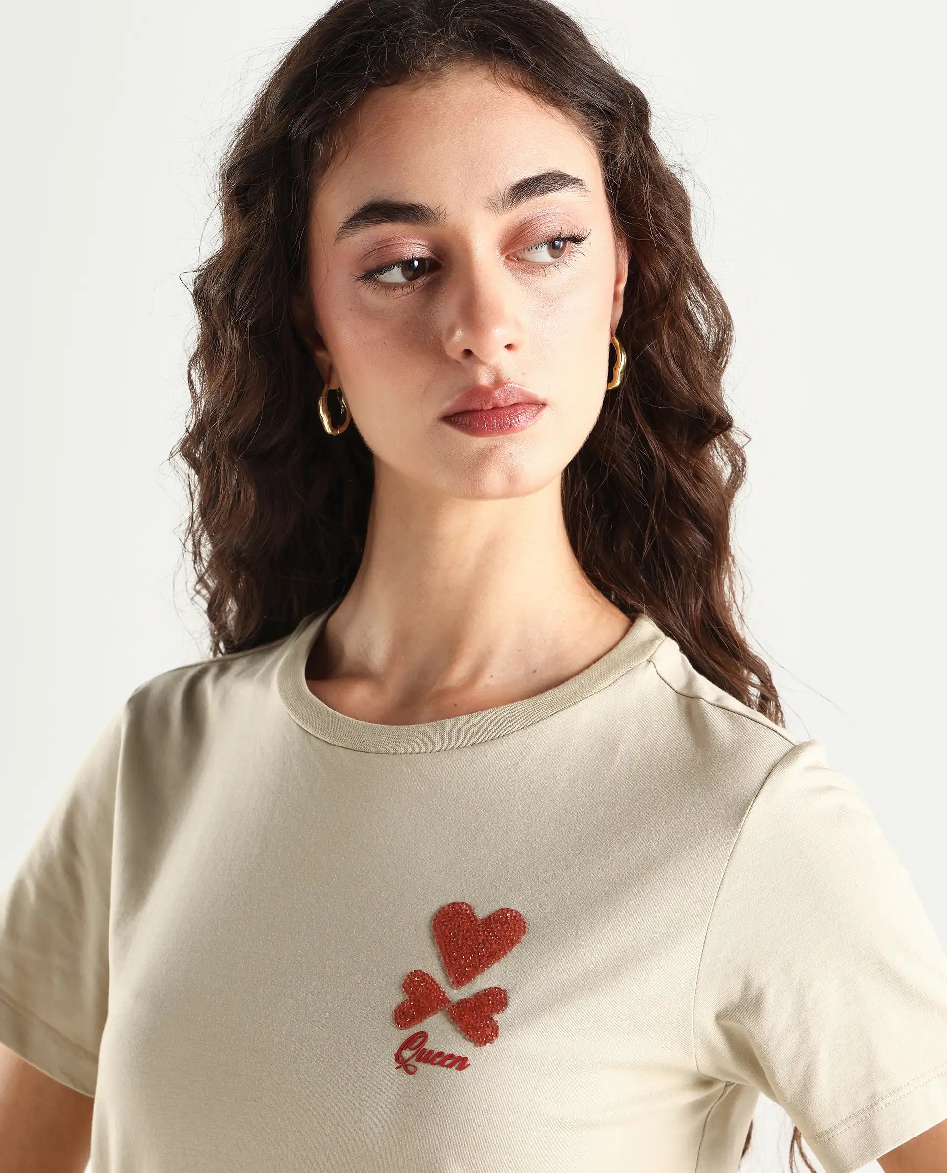 Rareism Women's Sompek Beige Cotton Blend Crew Neck Graphic Print Regular Fit T-Shirt