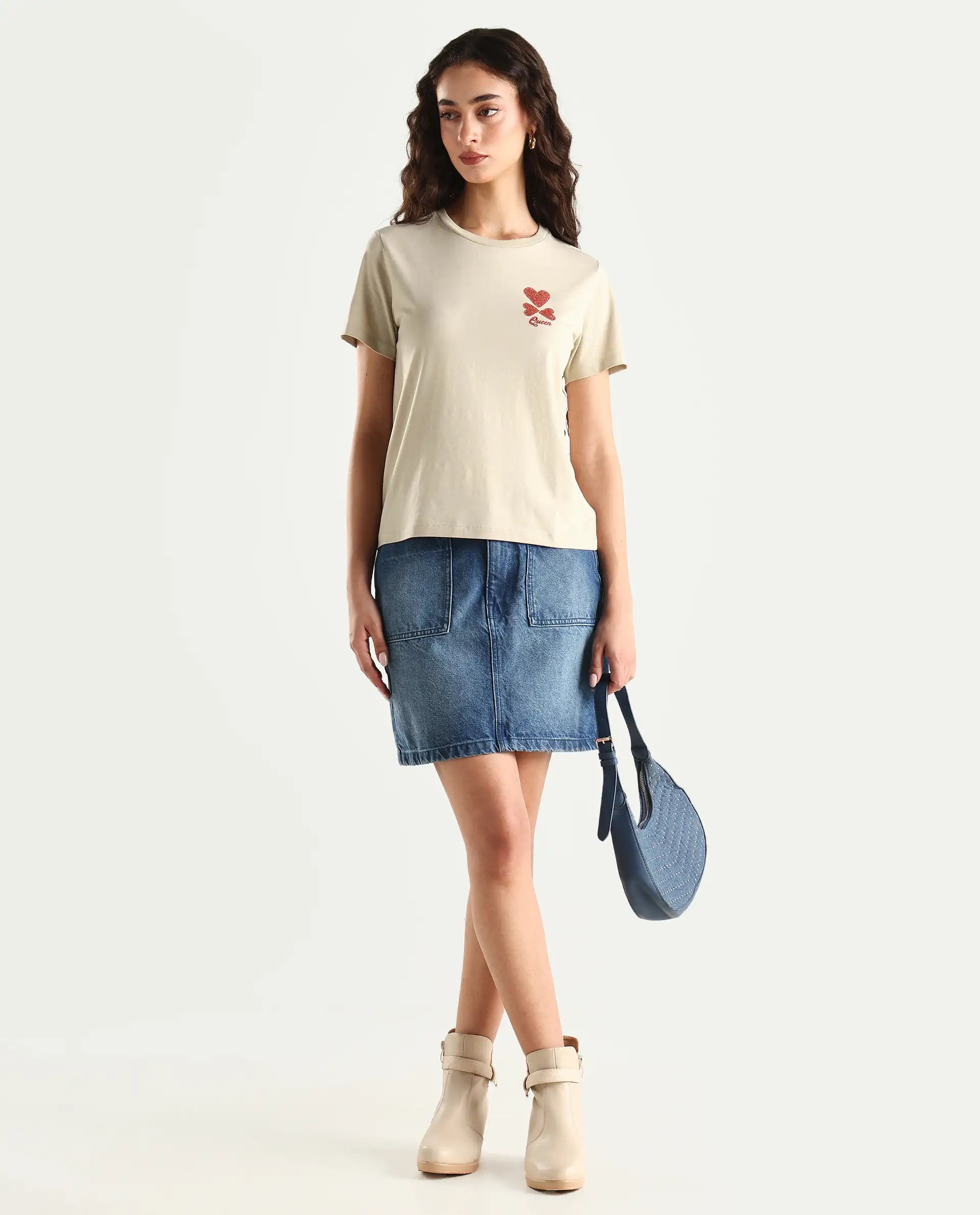 Rareism Women's Sompek Beige Cotton Blend Crew Neck Graphic Print Regular Fit T-Shirt