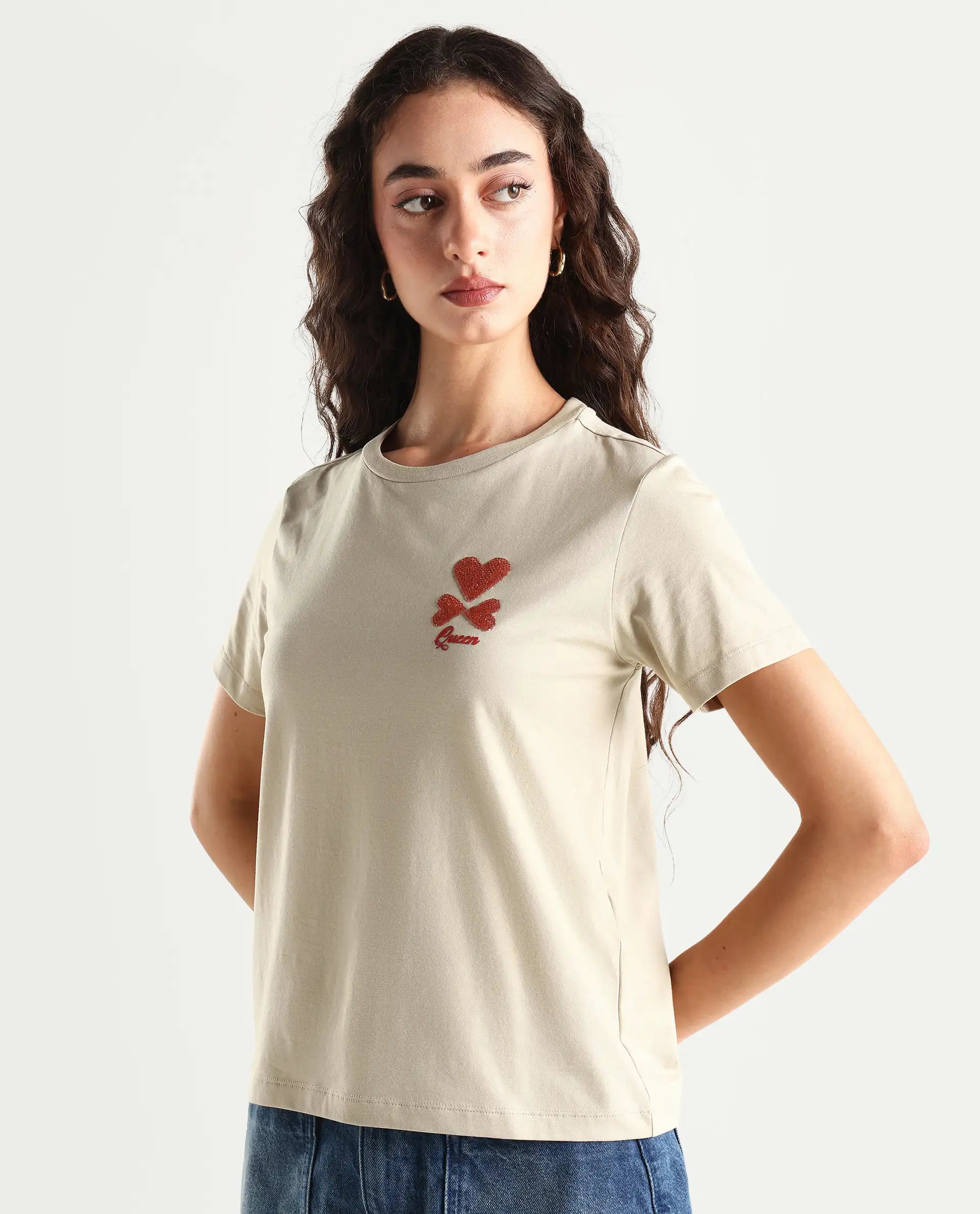 Rareism Women's Sompek Beige Cotton Blend Crew Neck Graphic Print Regular Fit T-Shirt