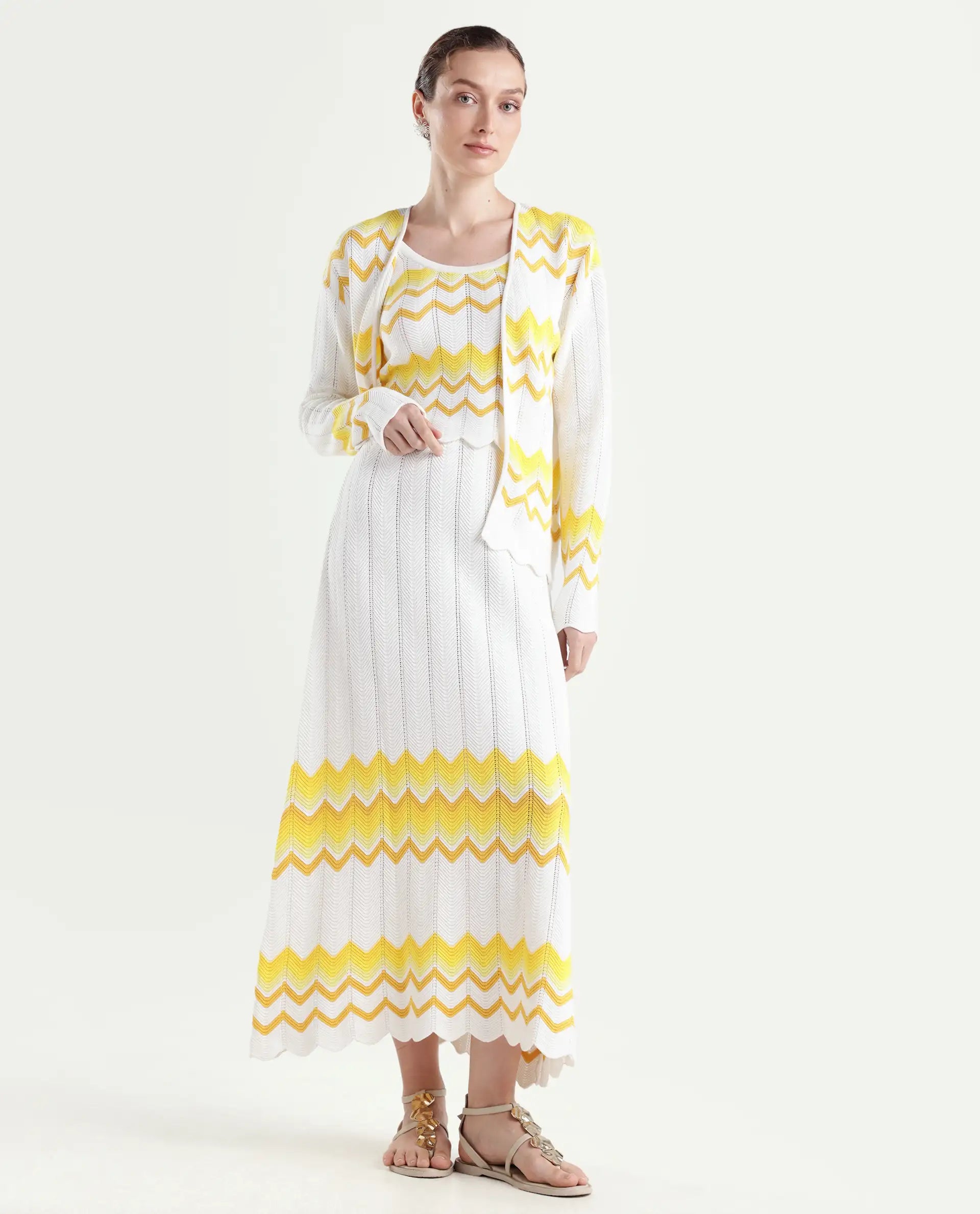 Rareism Women's Nupstir-B Yellow Cotton Color Block Maxi Straight Fit Skirt