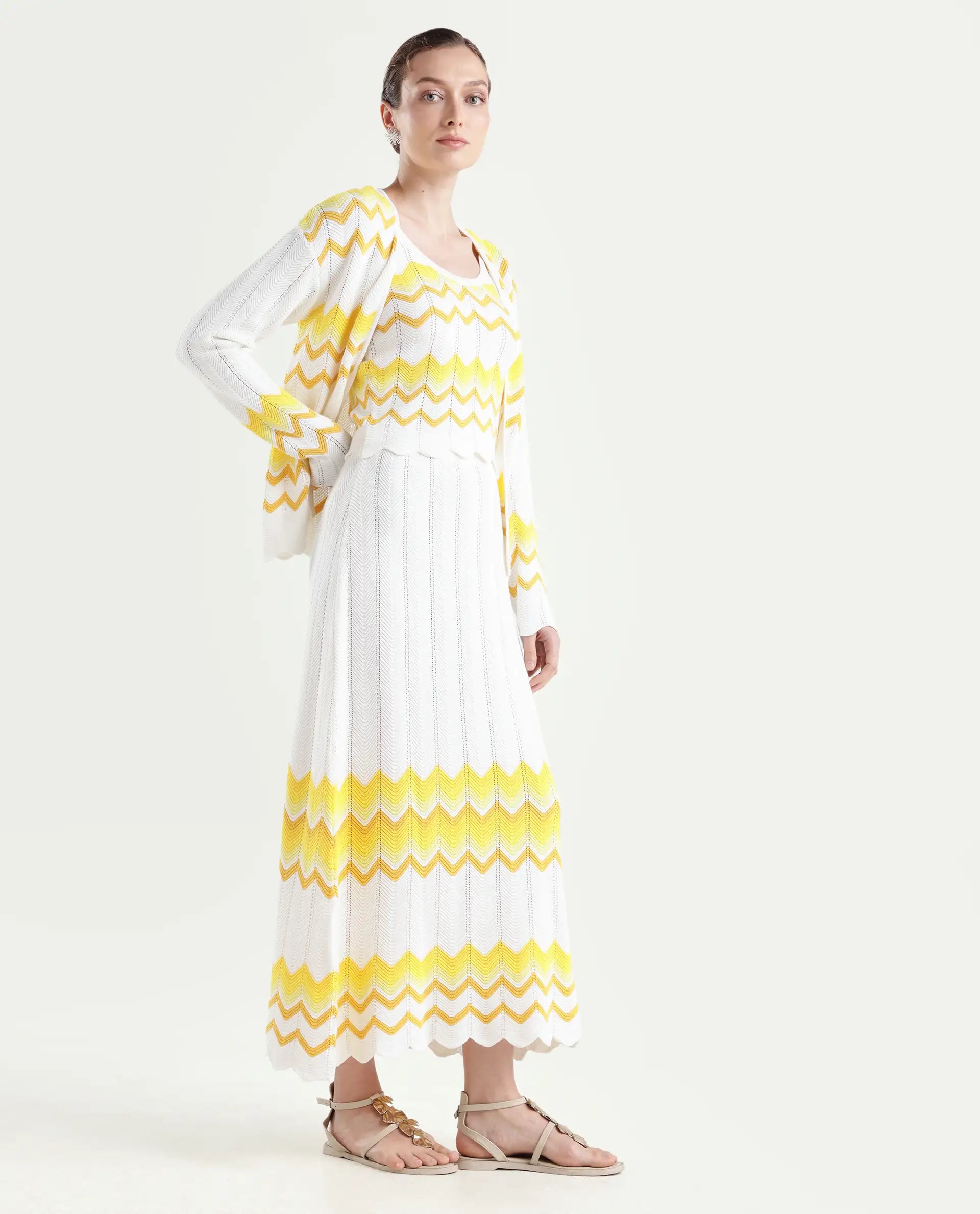 Rareism Women's Nupstir-B Yellow Cotton Color Block Maxi Straight Fit Skirt