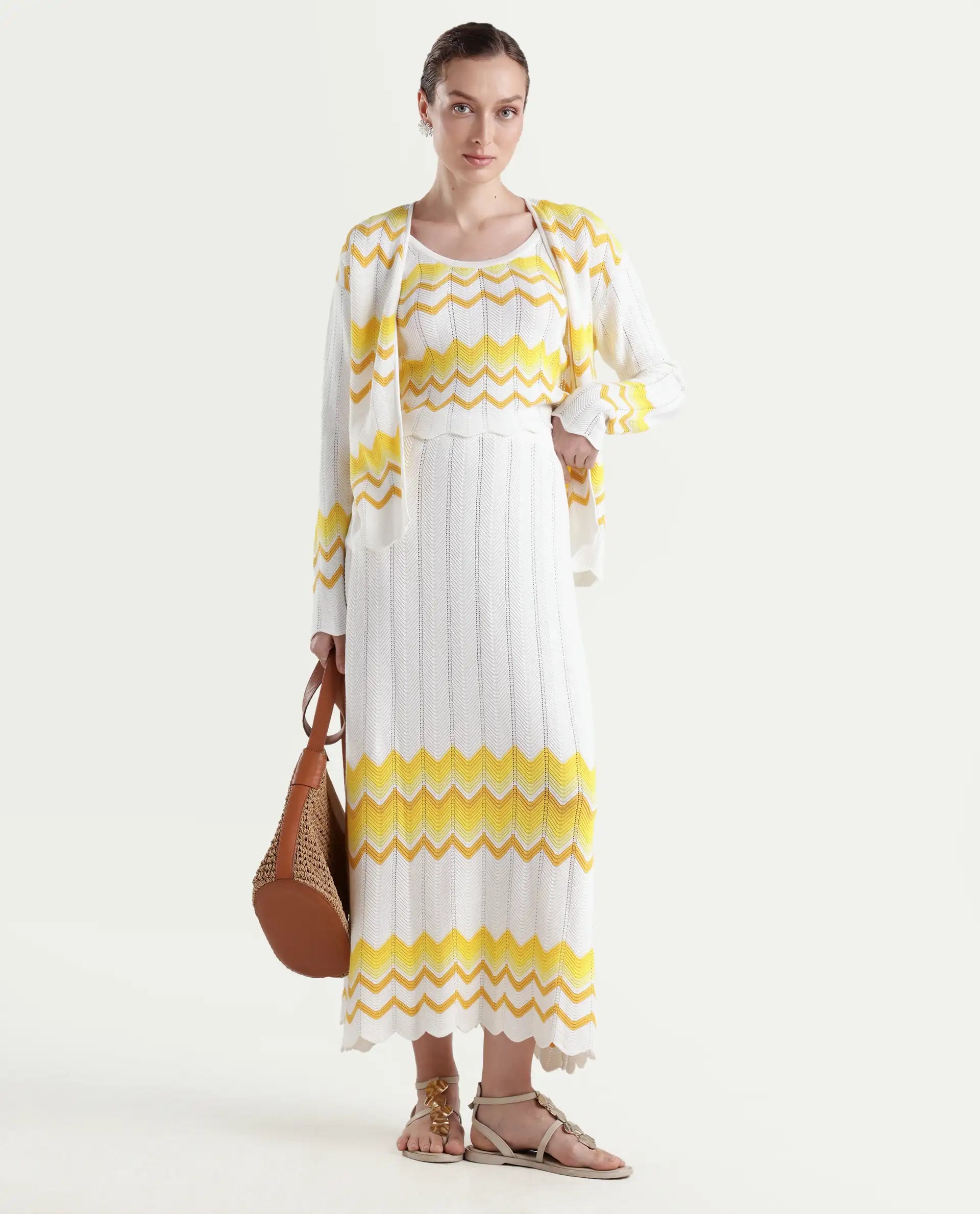 Rareism Women's Nupstir-B Yellow Cotton Color Block Maxi Straight Fit Skirt