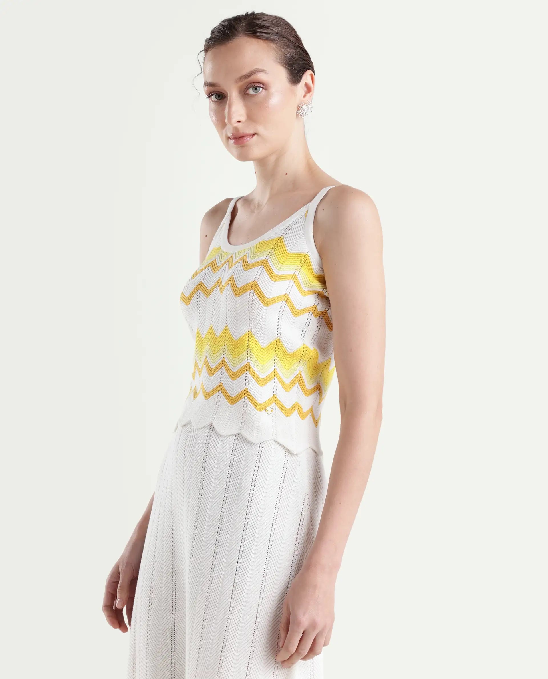 Rareism Women's Nupstir-T Yellow Cotton Shoulder Strap Knitted Sleeveless Crop Regular Fit Top