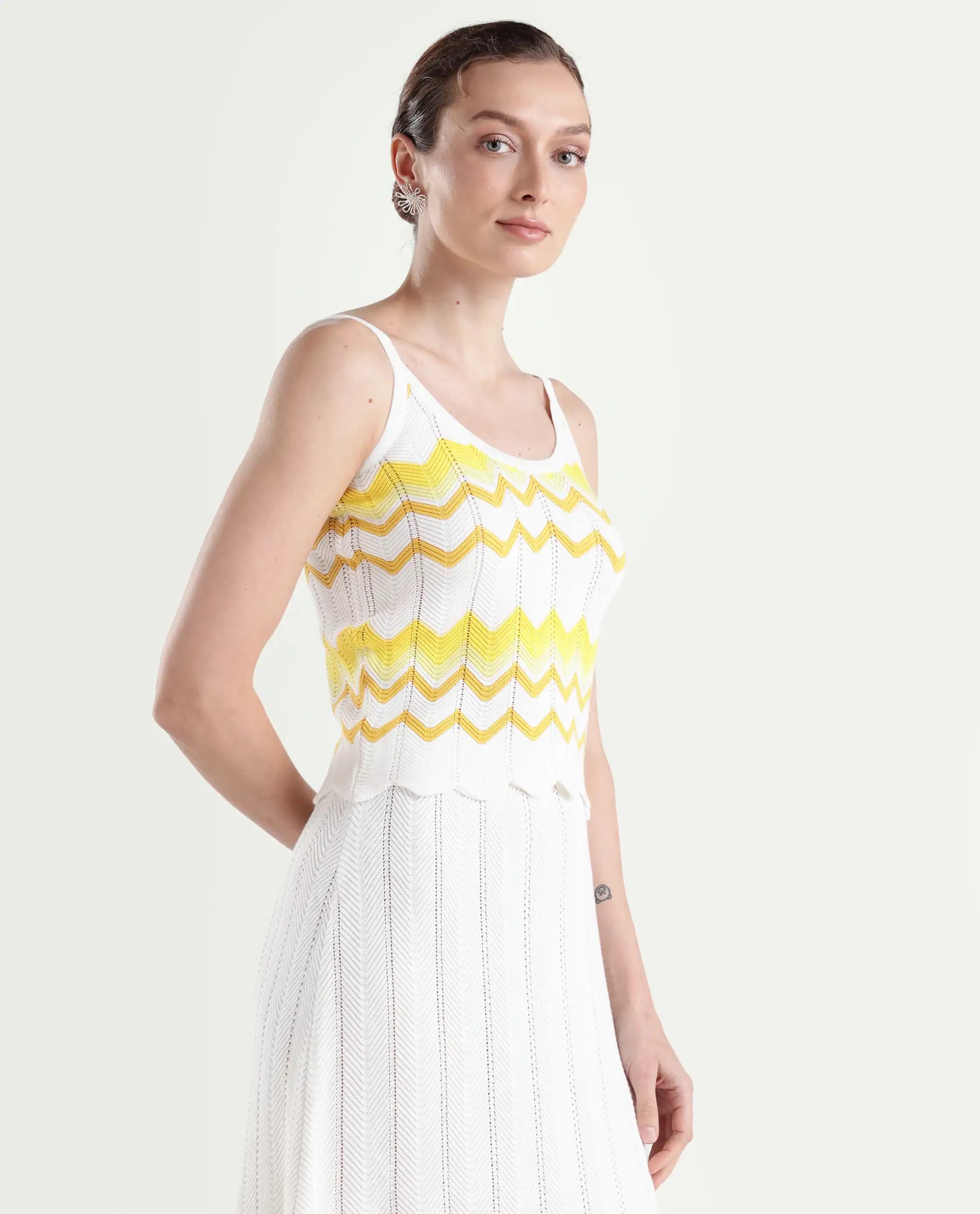 Rareism Women's Nupstir-T Yellow Cotton Shoulder Strap Knitted Sleeveless Crop Regular Fit Top