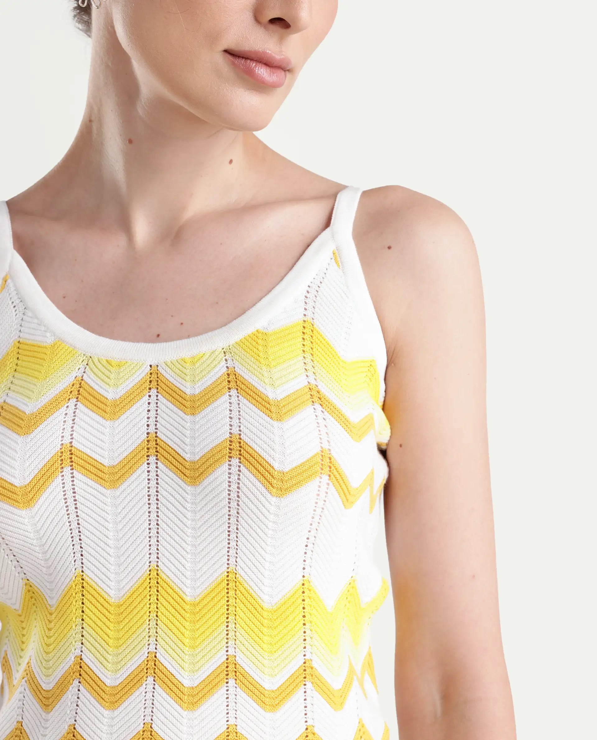 Rareism Women's Nupstir-T Yellow Cotton Shoulder Strap Knitted Sleeveless Crop Regular Fit Top