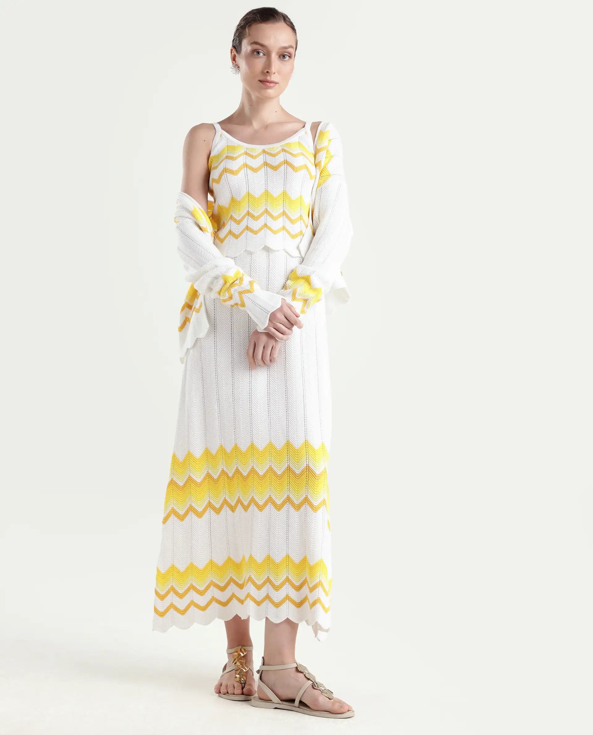 Rareism Women's Nupstir-T Yellow Cotton Shoulder Strap Knitted Sleeveless Crop Regular Fit Top