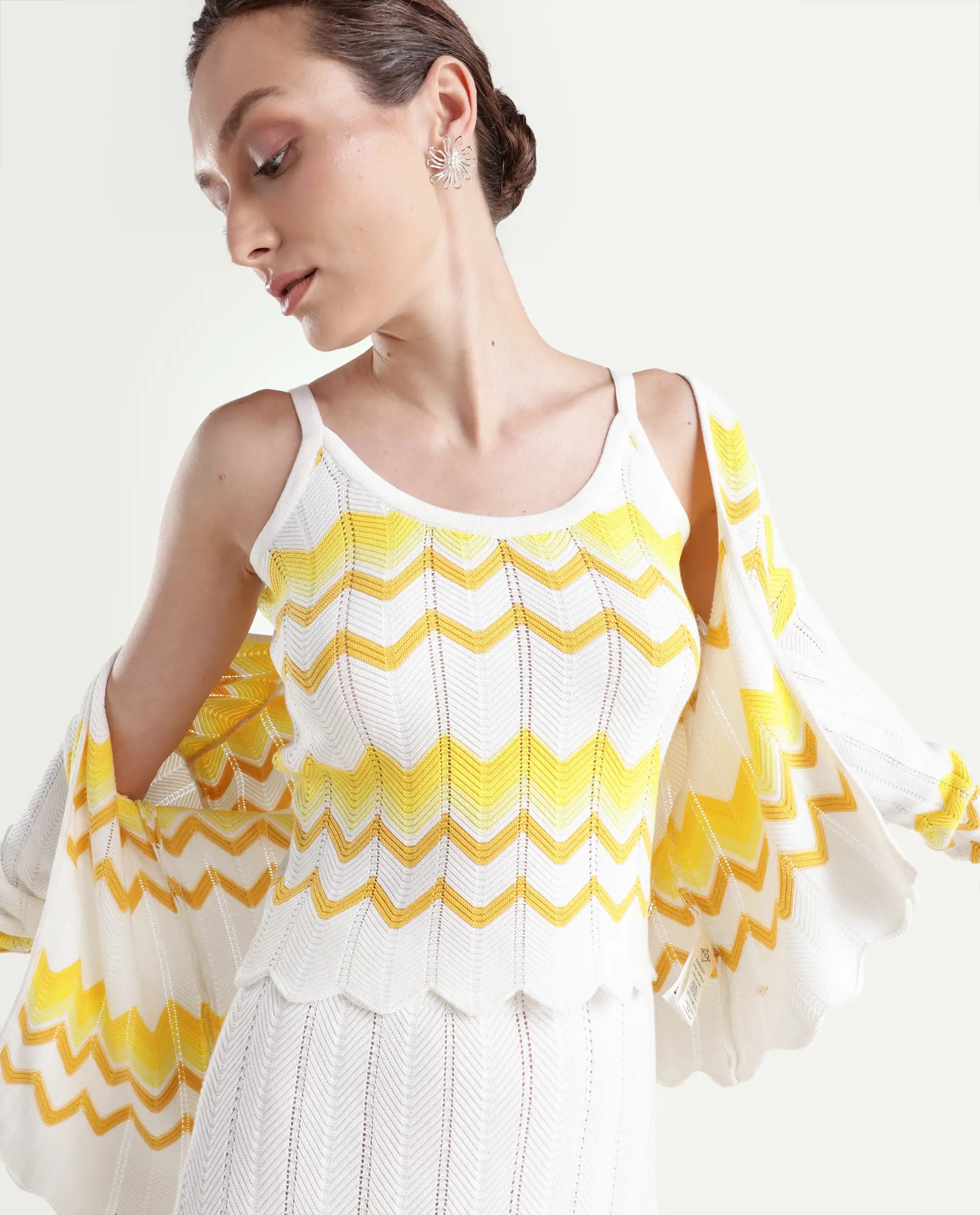 Rareism Women's Nupstir-T Yellow Cotton Shoulder Strap Knitted Sleeveless Crop Regular Fit Top