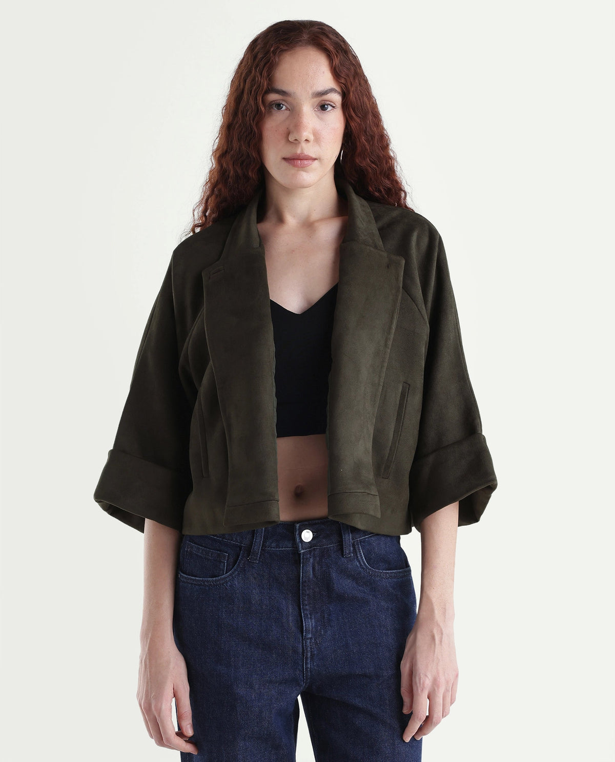 Rareism Women's Vacape Olive Plain Polyester Blend Relaxed Three Quarter Sleeve Jacket