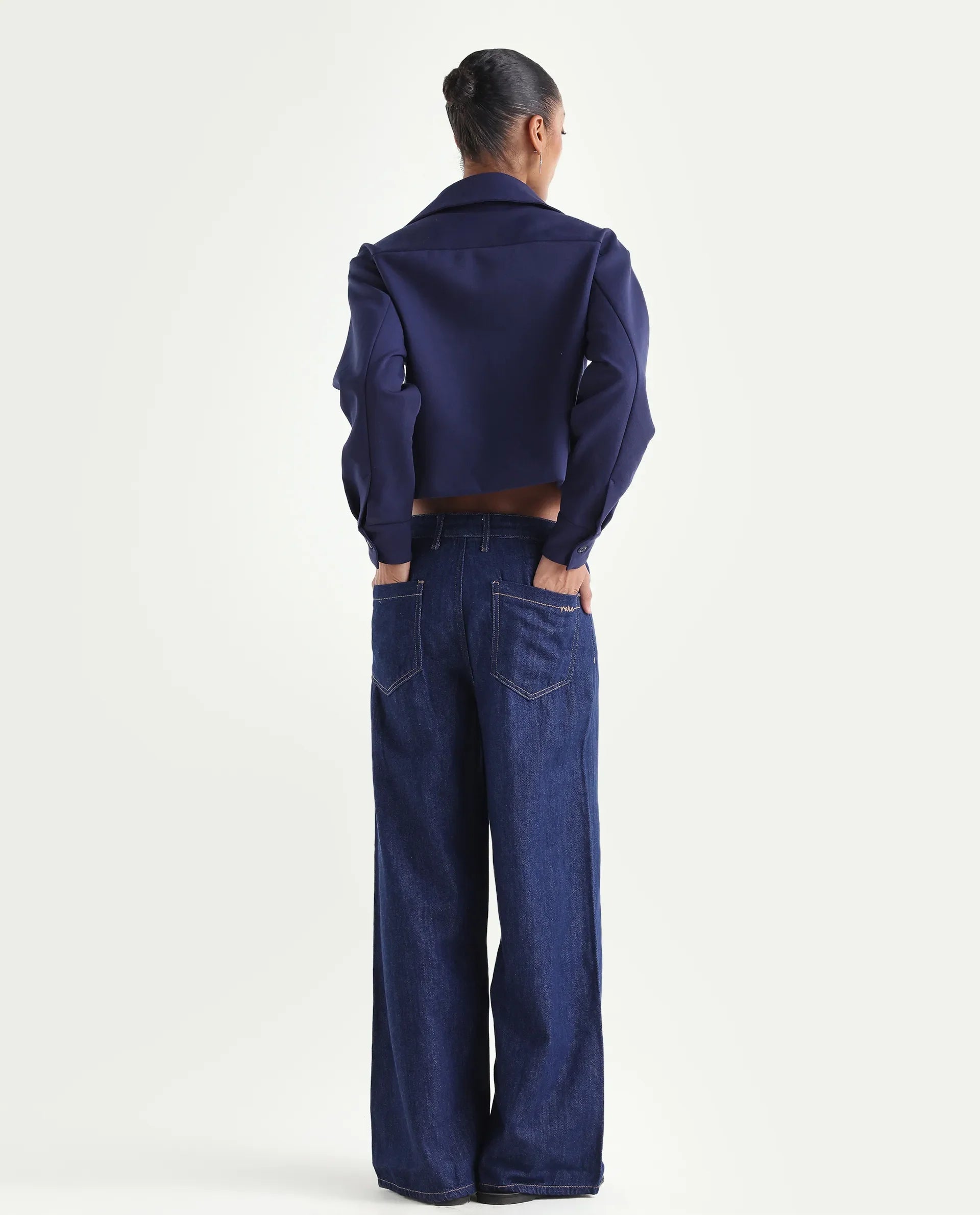 Rareism Women's Denio Dark Blue Cotton Wide Plain Jeans