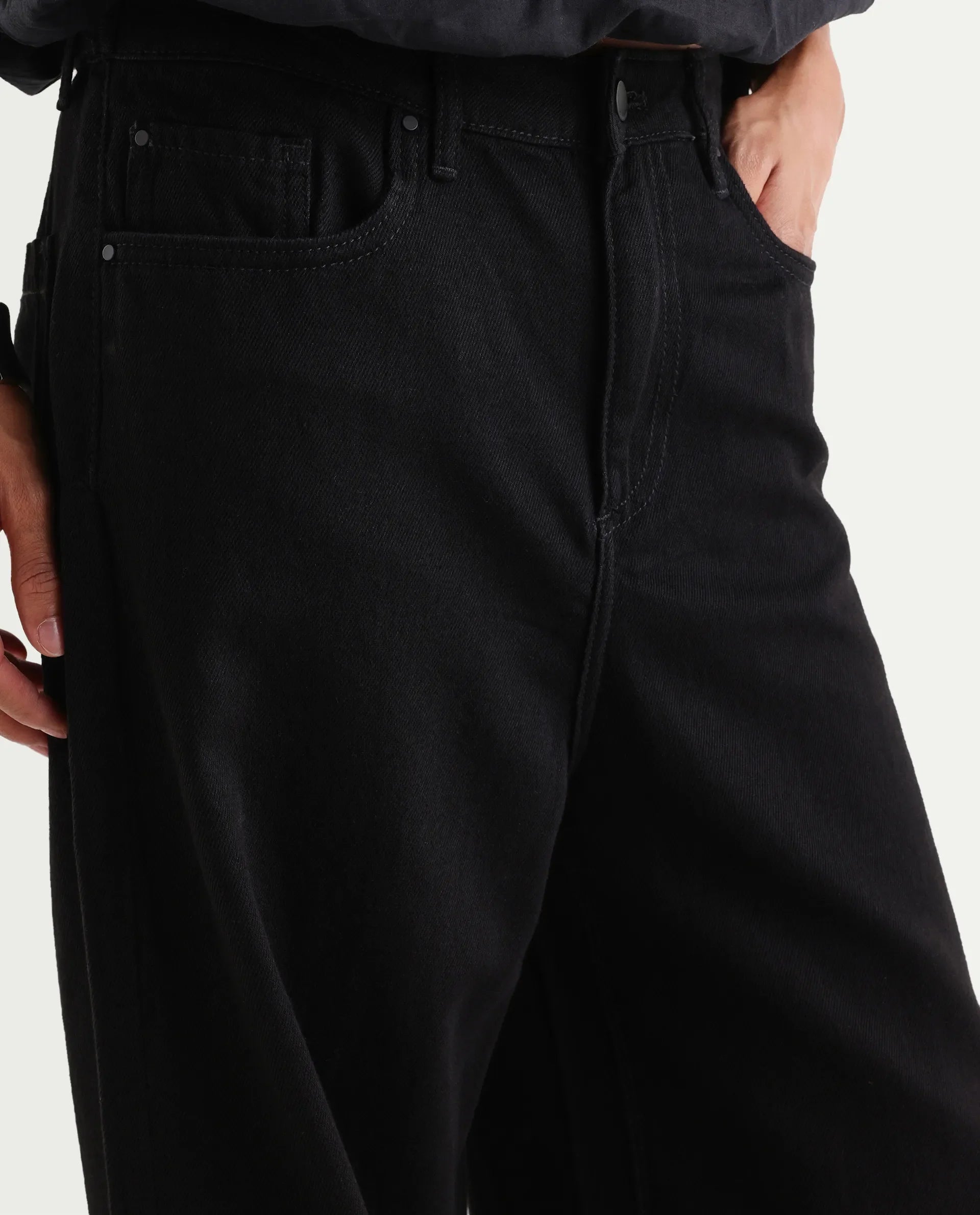 Rareism Women's Denik Black Cotton Wide Plain Jeans