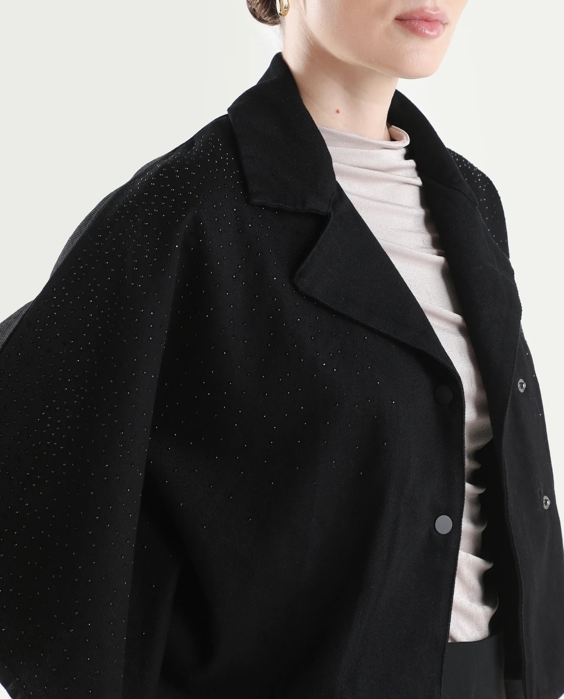 Rareism Women's Denmar Dark Blue Cotton Spread Collar Regular Plain Jacket