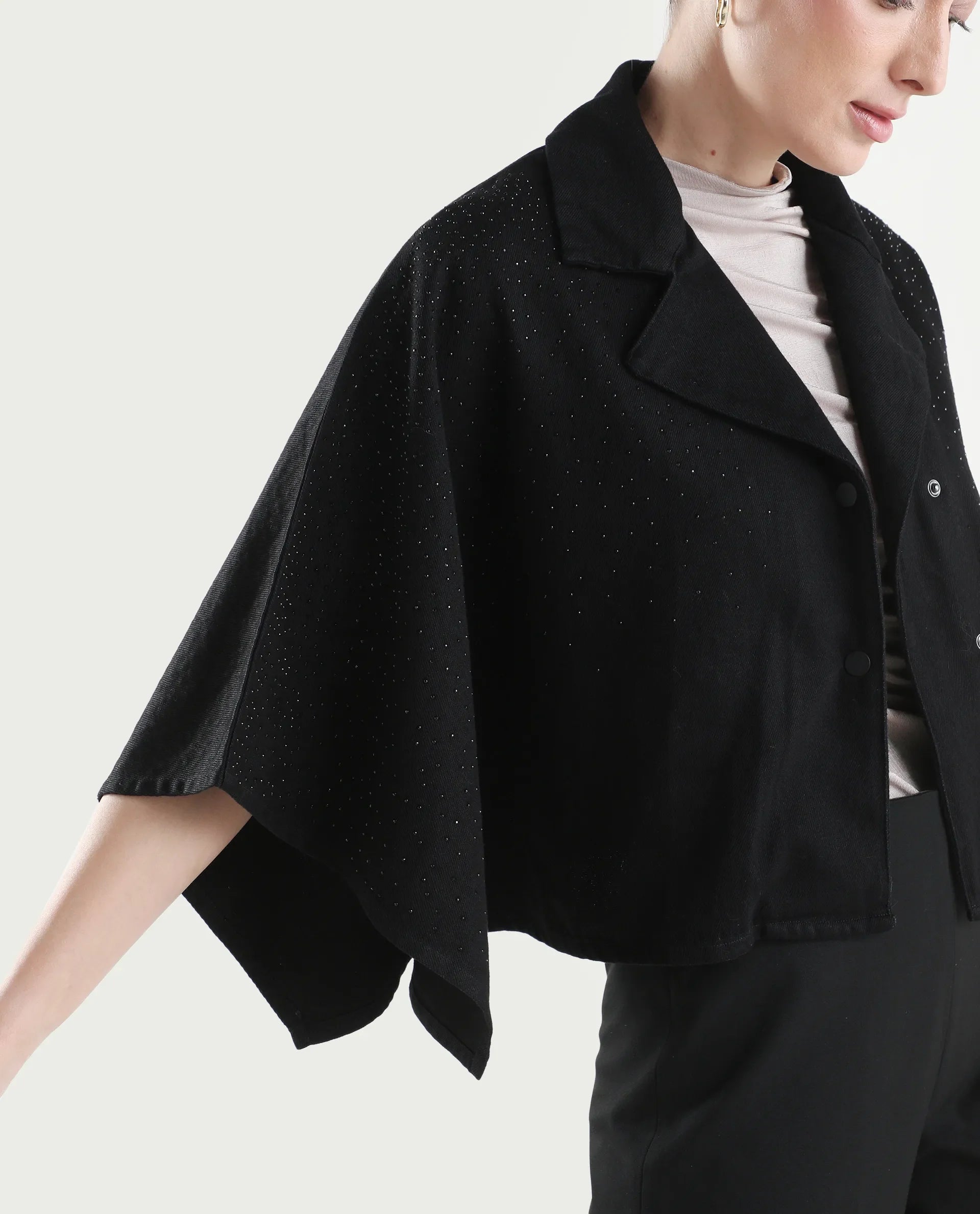 Rareism Women's Denmar Dark Blue Cotton Spread Collar Regular Plain Jacket