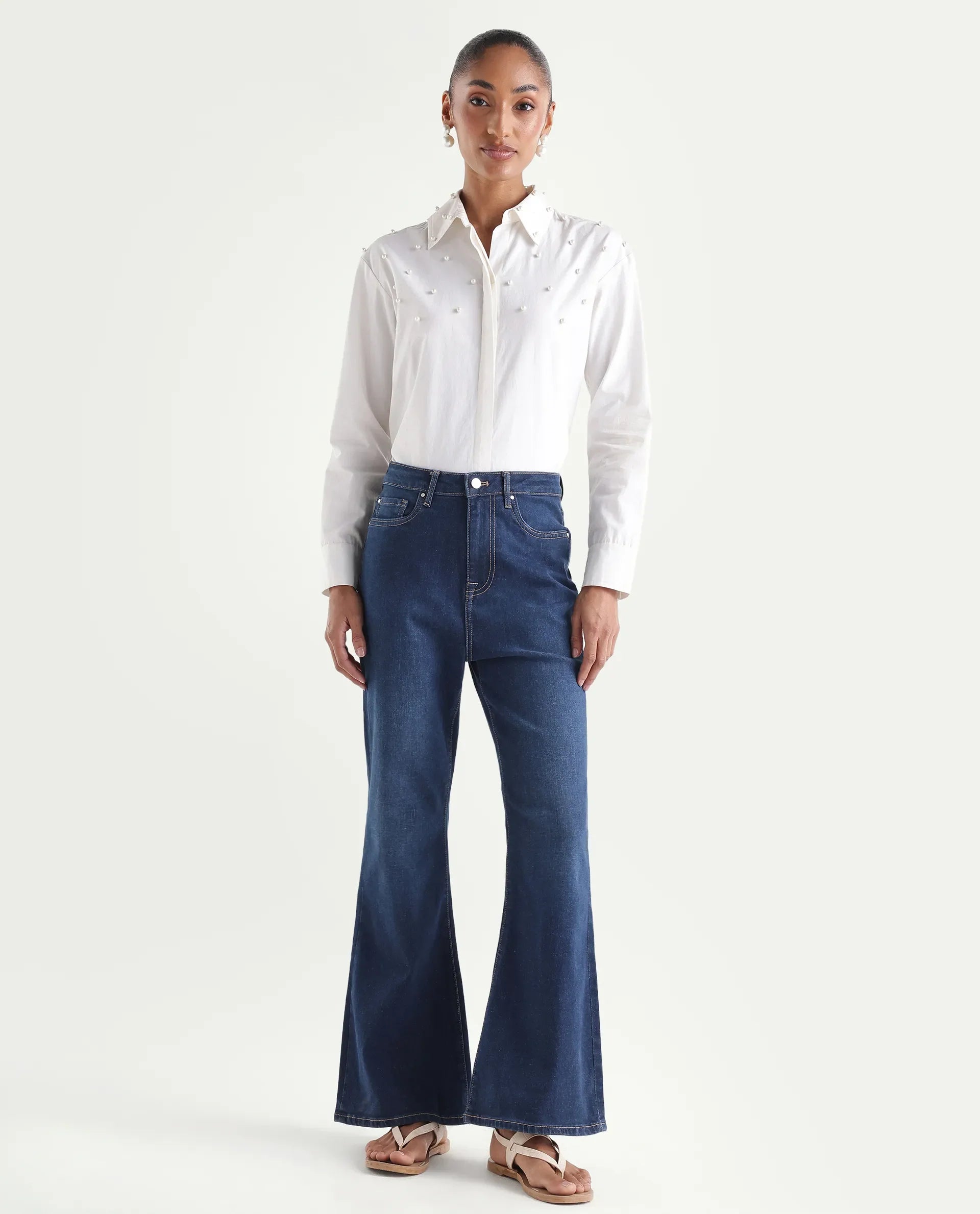 Rareism Women's Denfa Dark Blue Cotton Blend Bootcut Plain Jeans