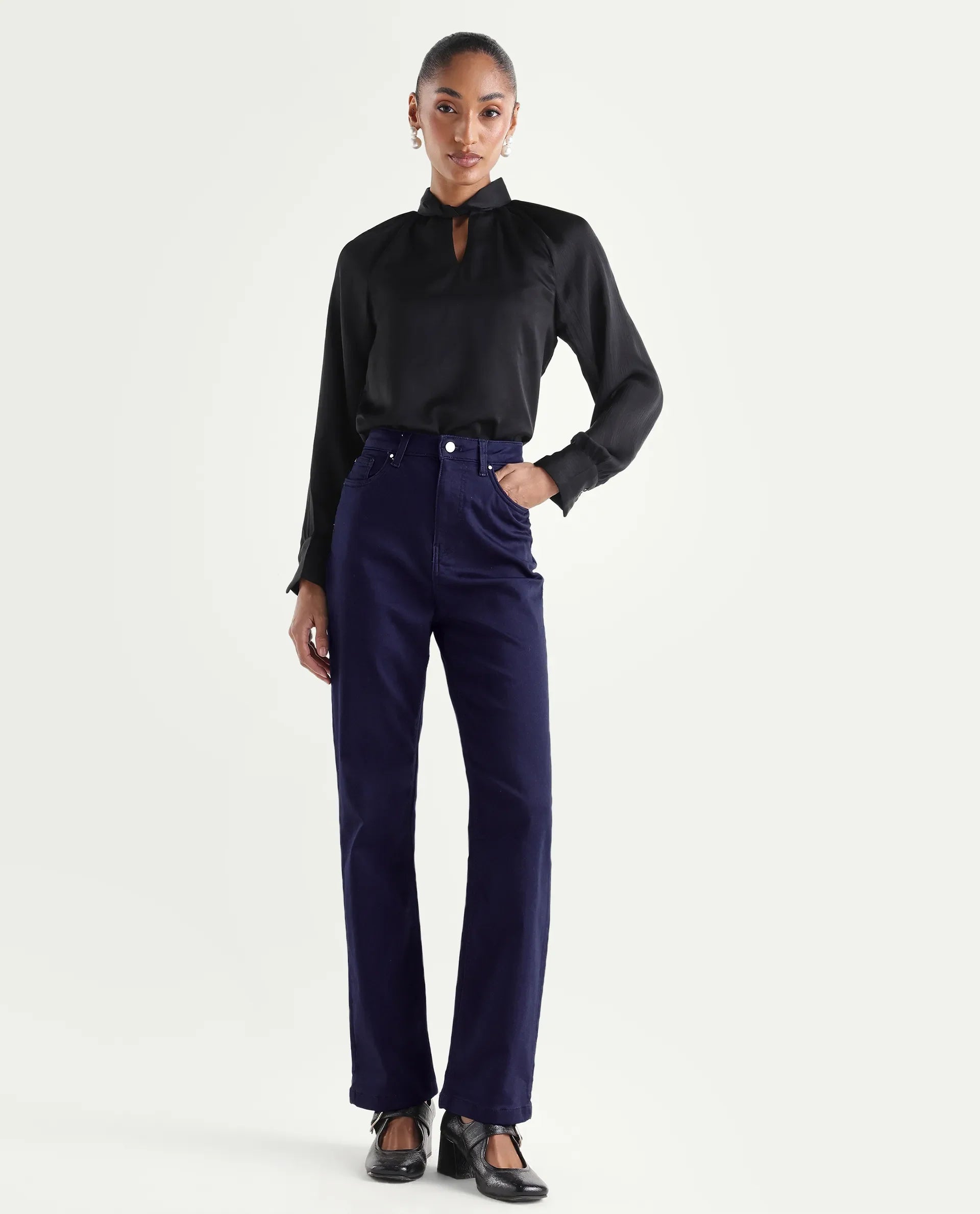 Rareism Women's Denly Navy Cotton Blend Straight Plain Jeans