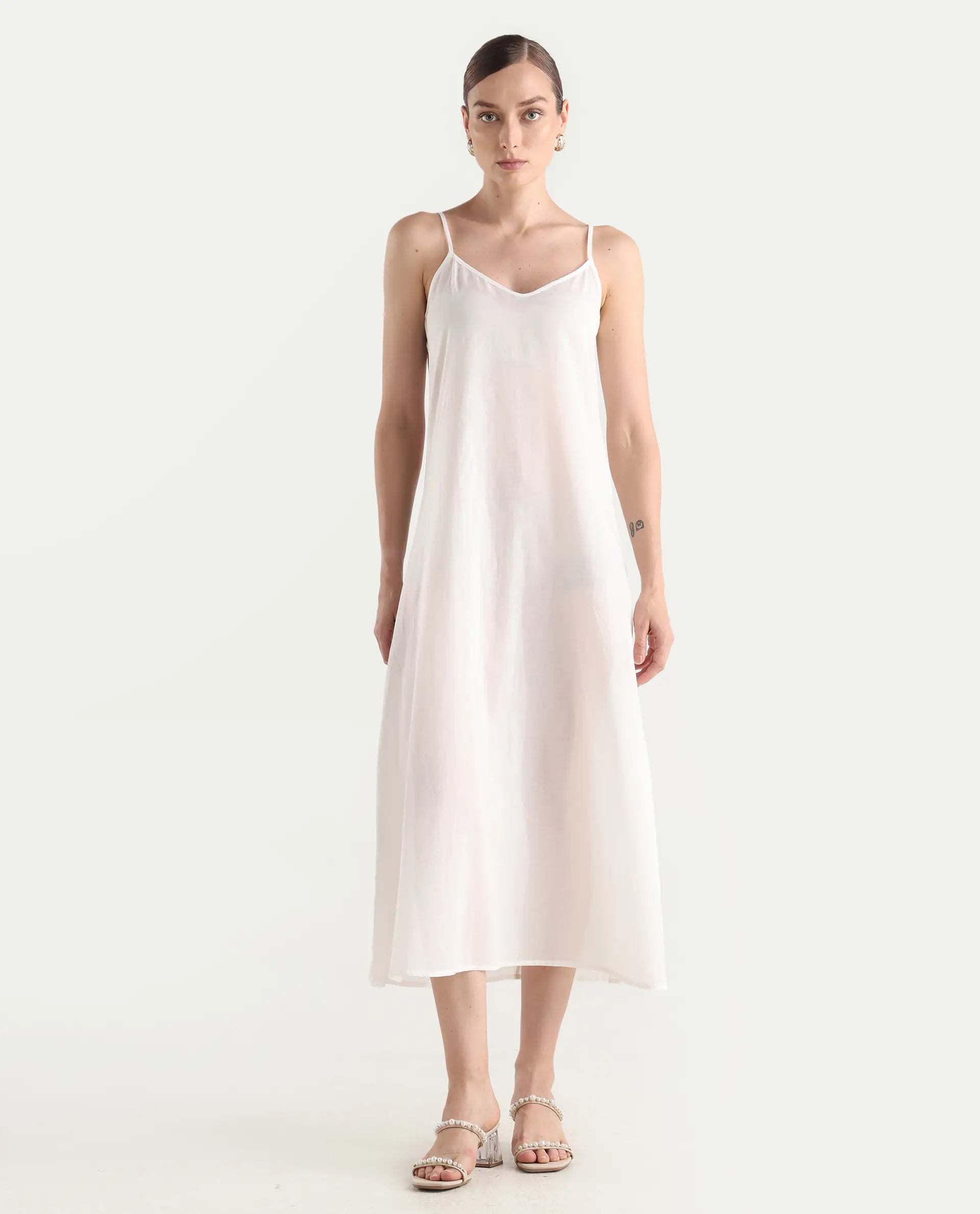 Rareism Women's Arna White Viscose V-Neck A-Line Floral Print Dress