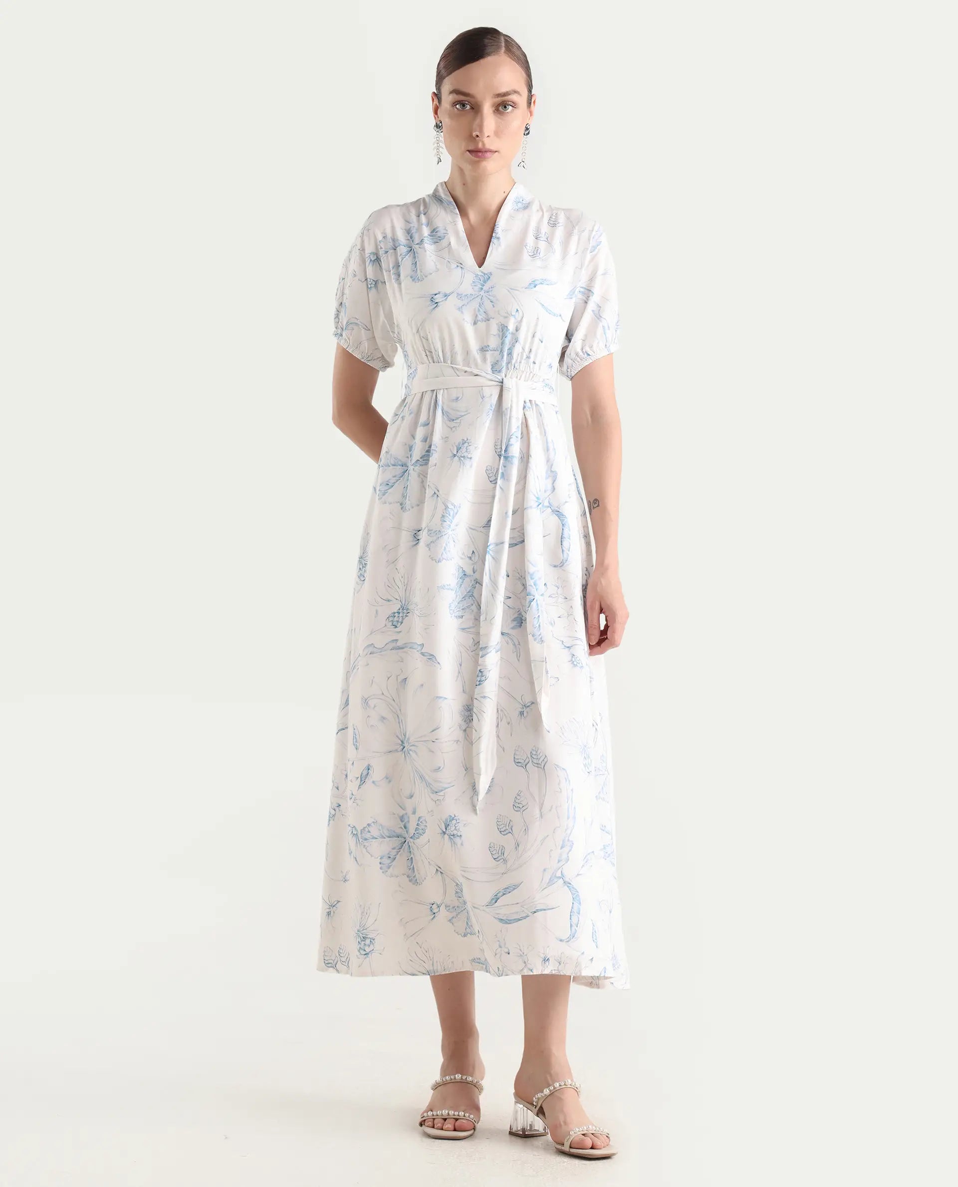 Rareism Women's Arna White Viscose V-Neck A-Line Floral Print Dress