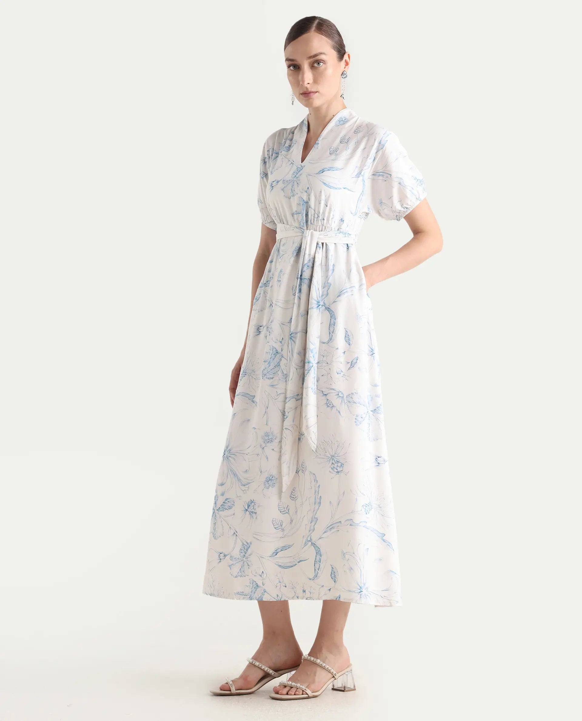 Rareism Women's Arna White Viscose V-Neck A-Line Floral Print Dress