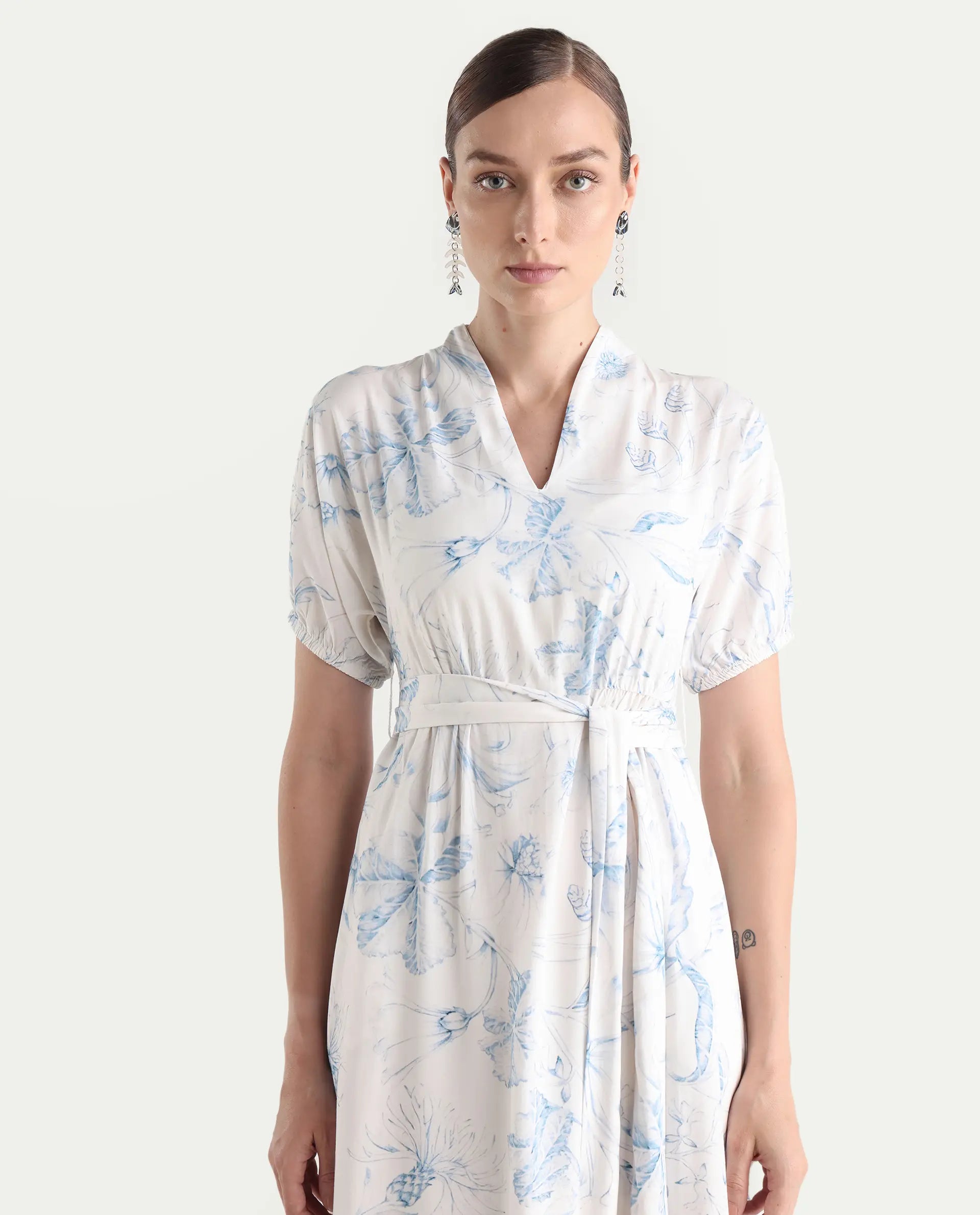 Rareism Women's Arna White Viscose V-Neck A-Line Floral Print Dress