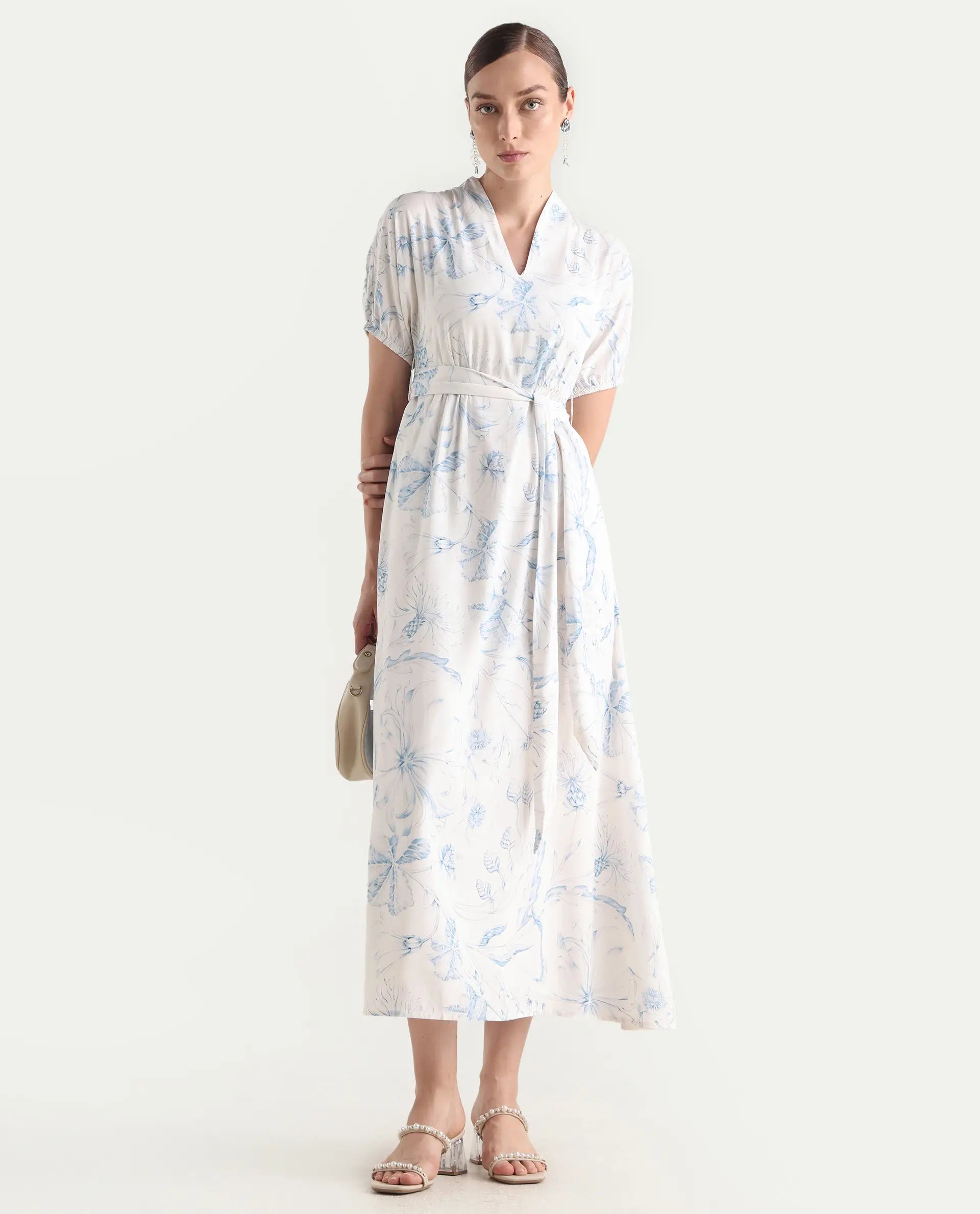 Rareism Women's Arna White Viscose V-Neck A-Line Floral Print Dress