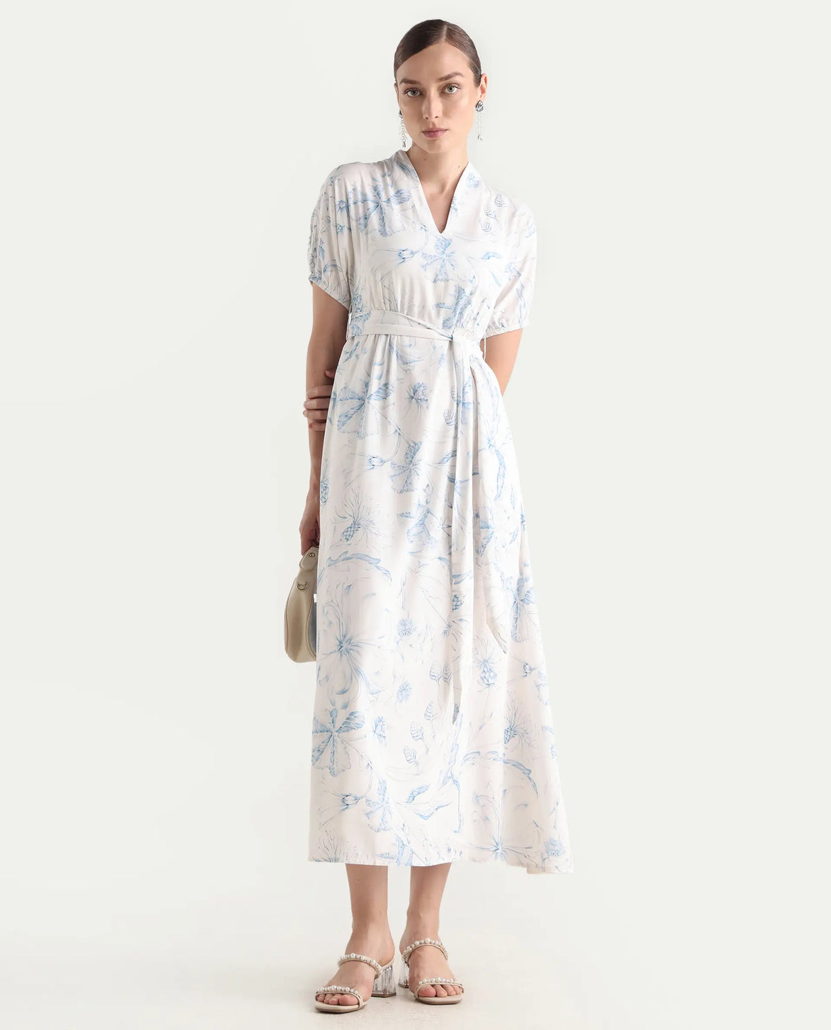 Rareism Women's Arna White Viscose V-Neck A-Line Floral Print Dress