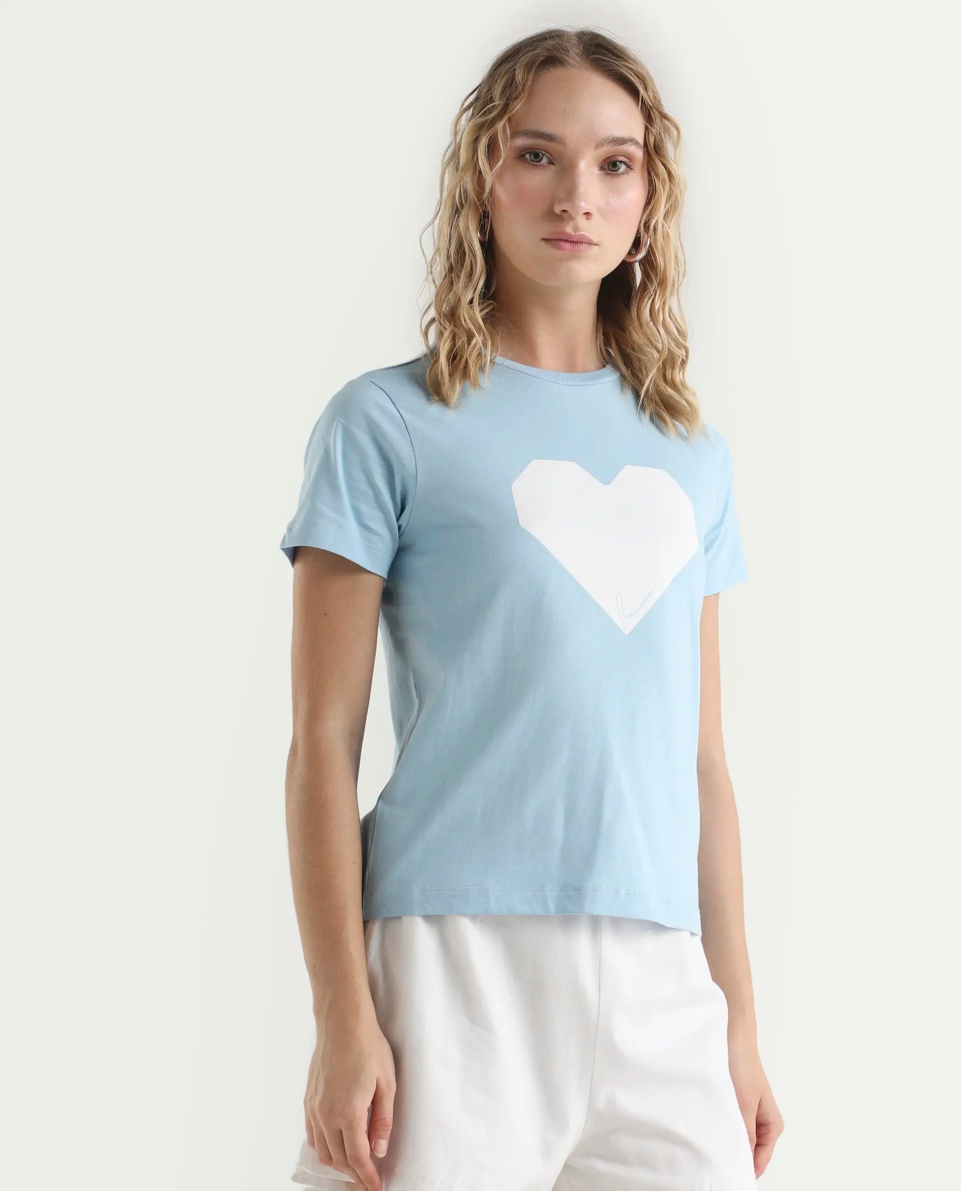 Rareism Women's Bhax Light Blue Cotton Crew Neck Typography Print Regular Fit T-Shirt