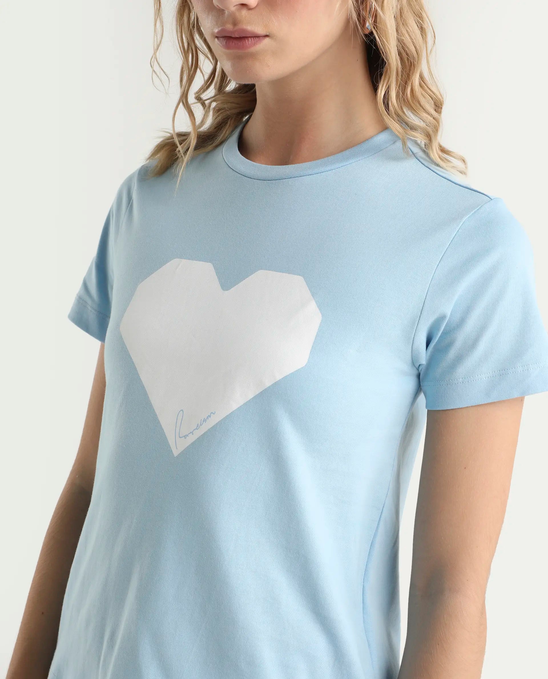 Rareism Women's Bhax Light Blue Cotton Crew Neck Typography Print Regular Fit T-Shirt