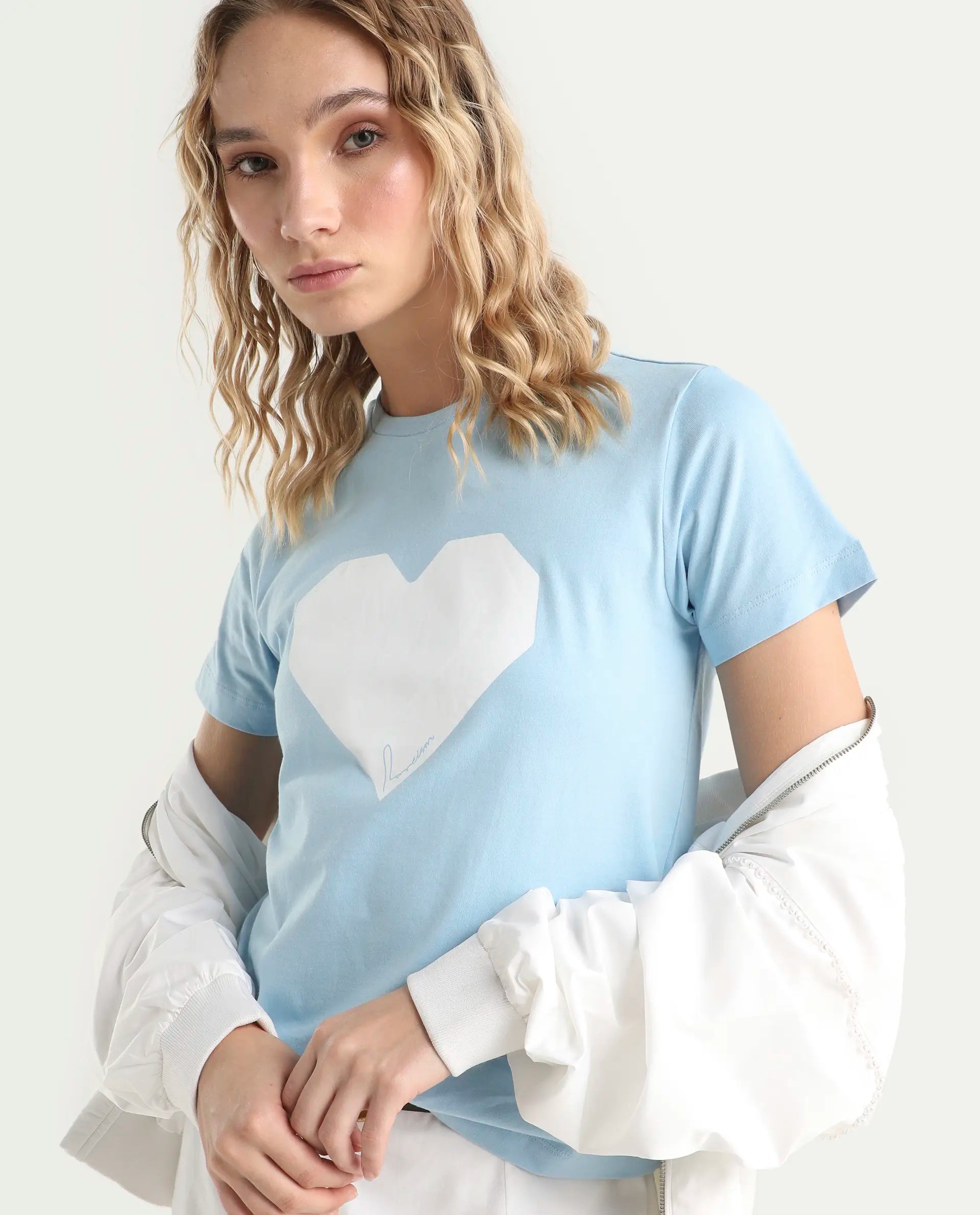 Rareism Women's Bhax Light Blue Cotton Crew Neck Typography Print Regular Fit T-Shirt