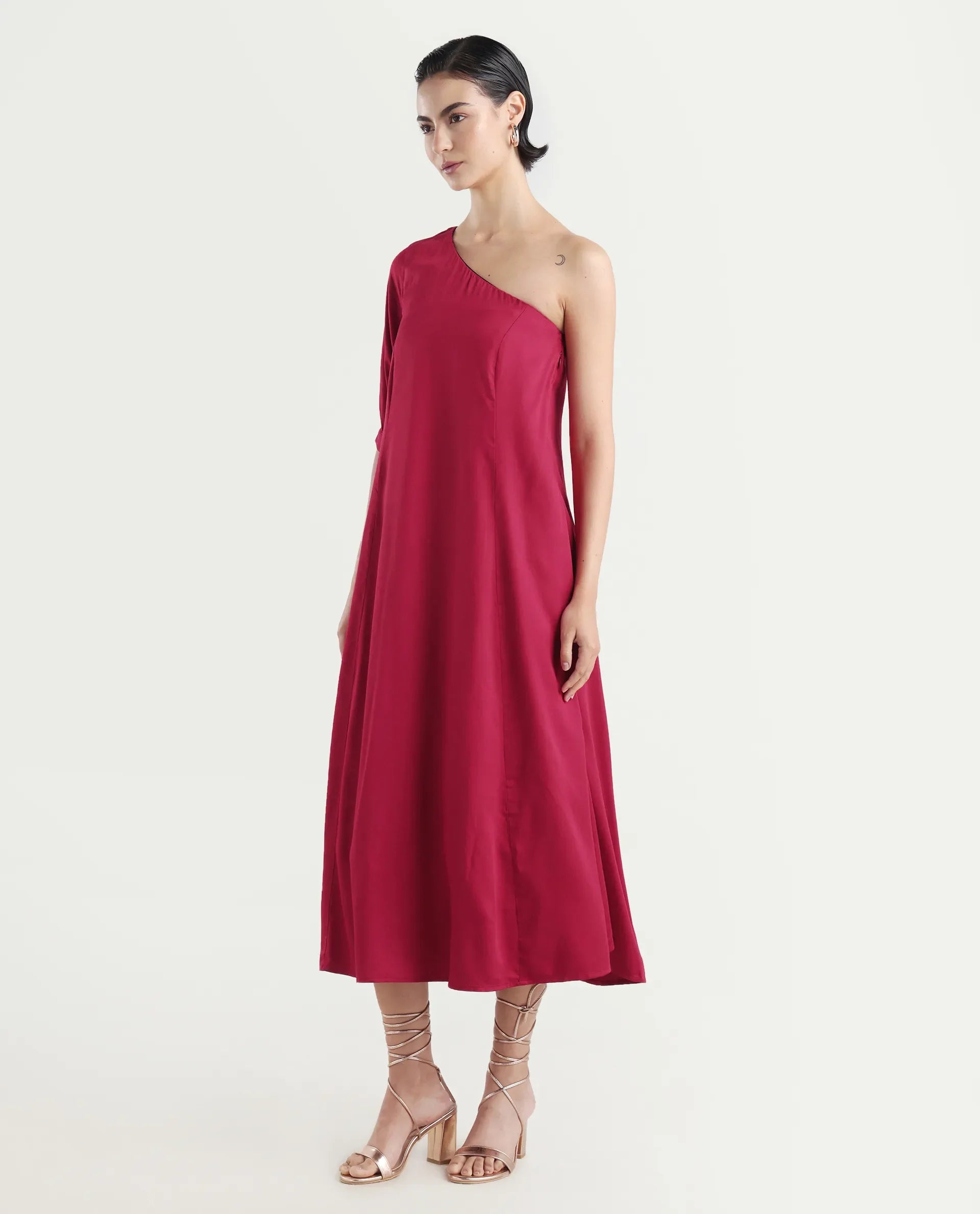 Rareism Women's Somalia Red Viscose One Shoulder Plain One Shoulder Maxi A-Line Dress