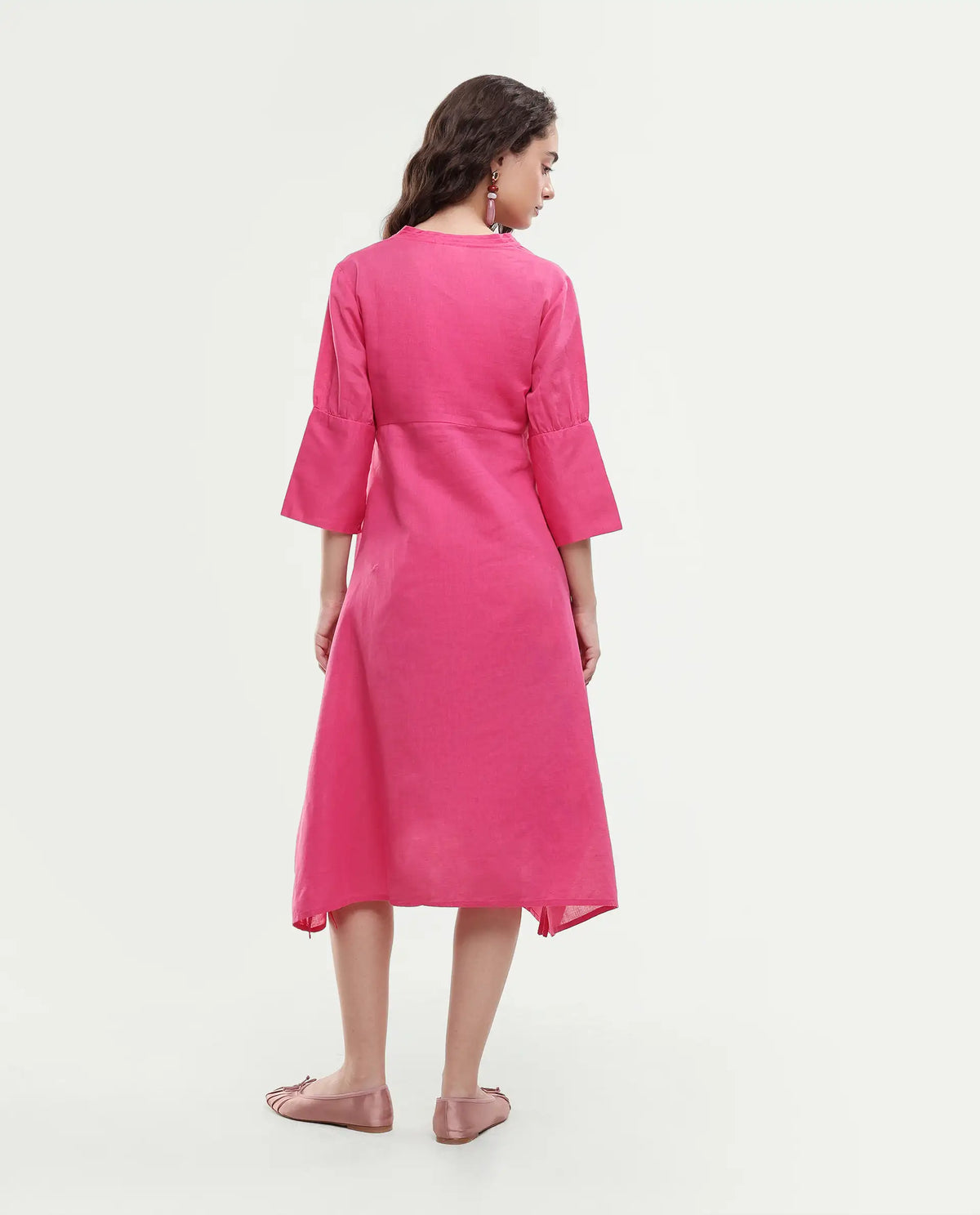 Rareism Women's Somyer Pink Cotton Blend V-Neck Plain Midi Flared Dress