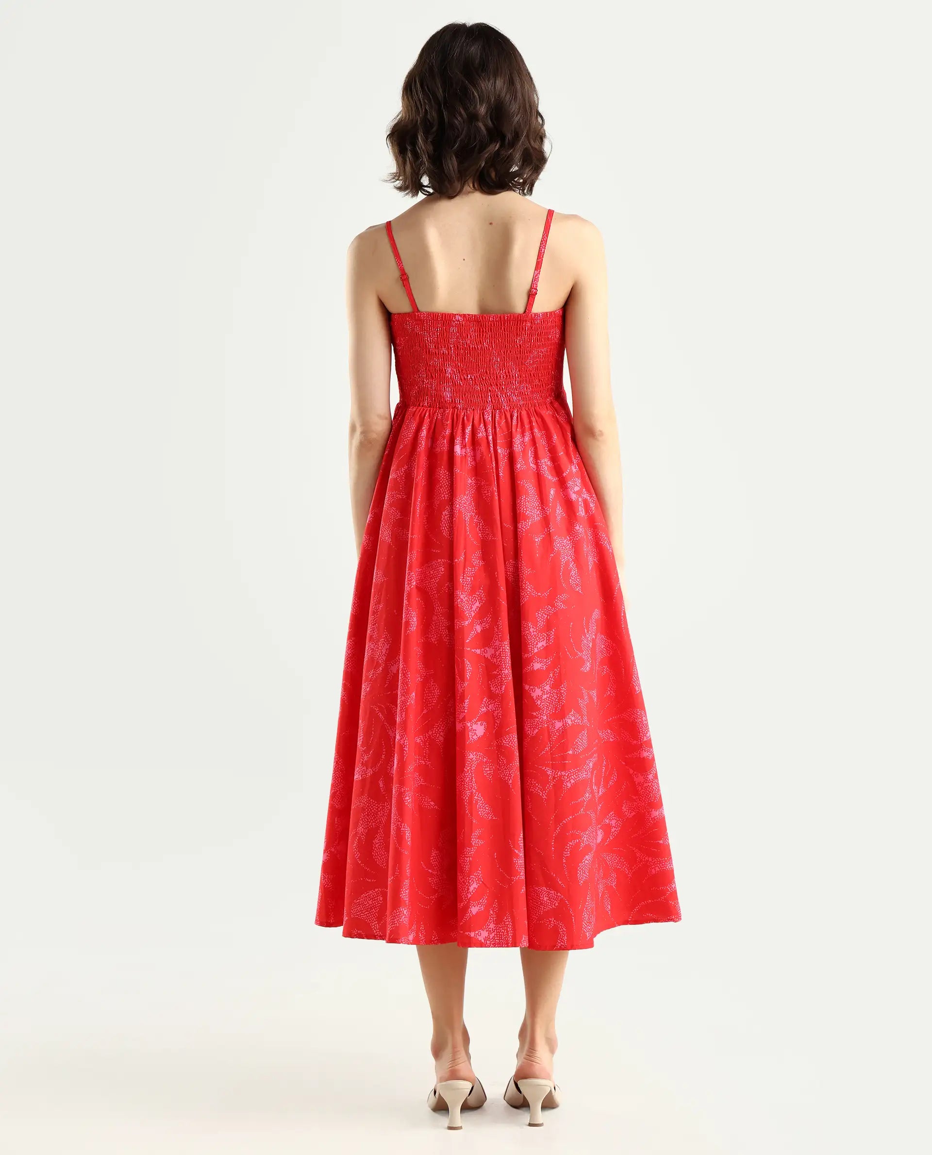 Rareism Women's Somkir Red Cotton Tube Neck Abstract Print Sleeveless Midi Fit And Flare Dress