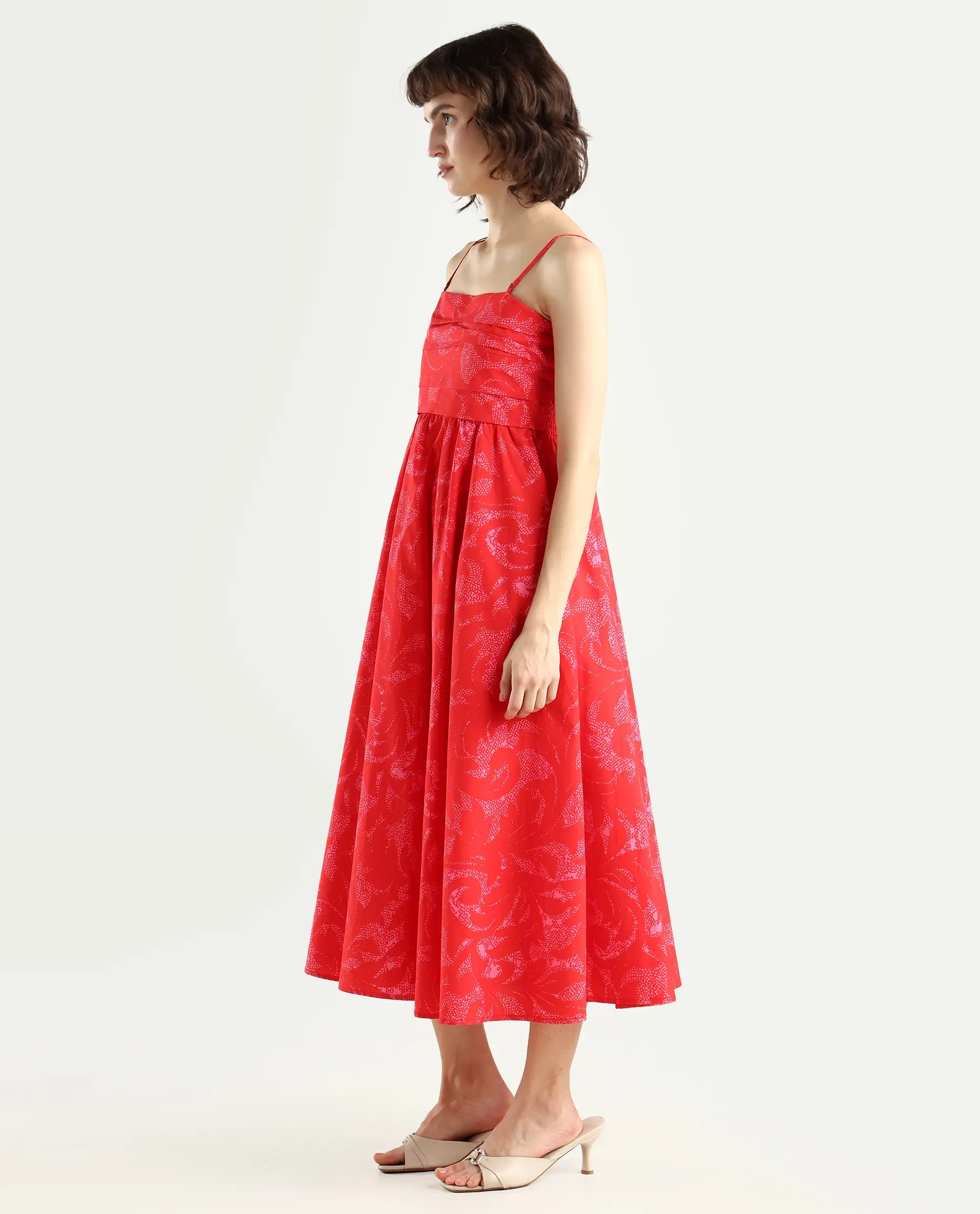 Rareism Women's Somkir Red Cotton Tube Neck Abstract Print Sleeveless Midi Fit And Flare Dress