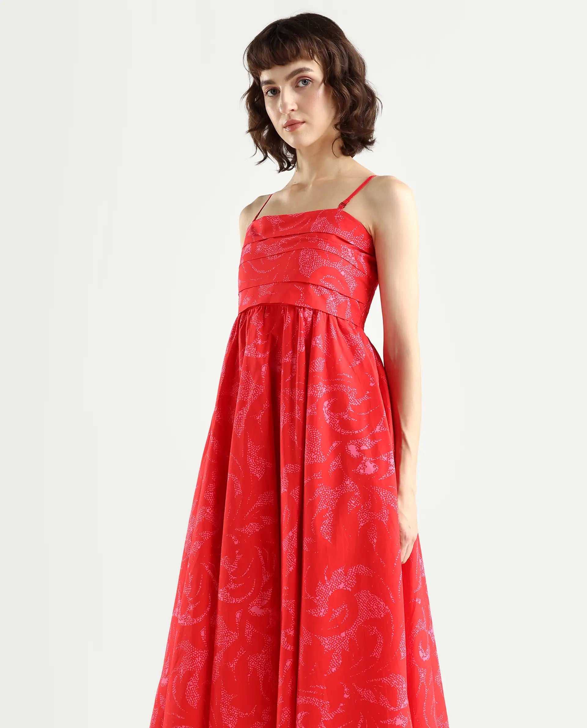 Rareism Women's Somkir Red Cotton Tube Neck Abstract Print Sleeveless Midi Fit And Flare Dress